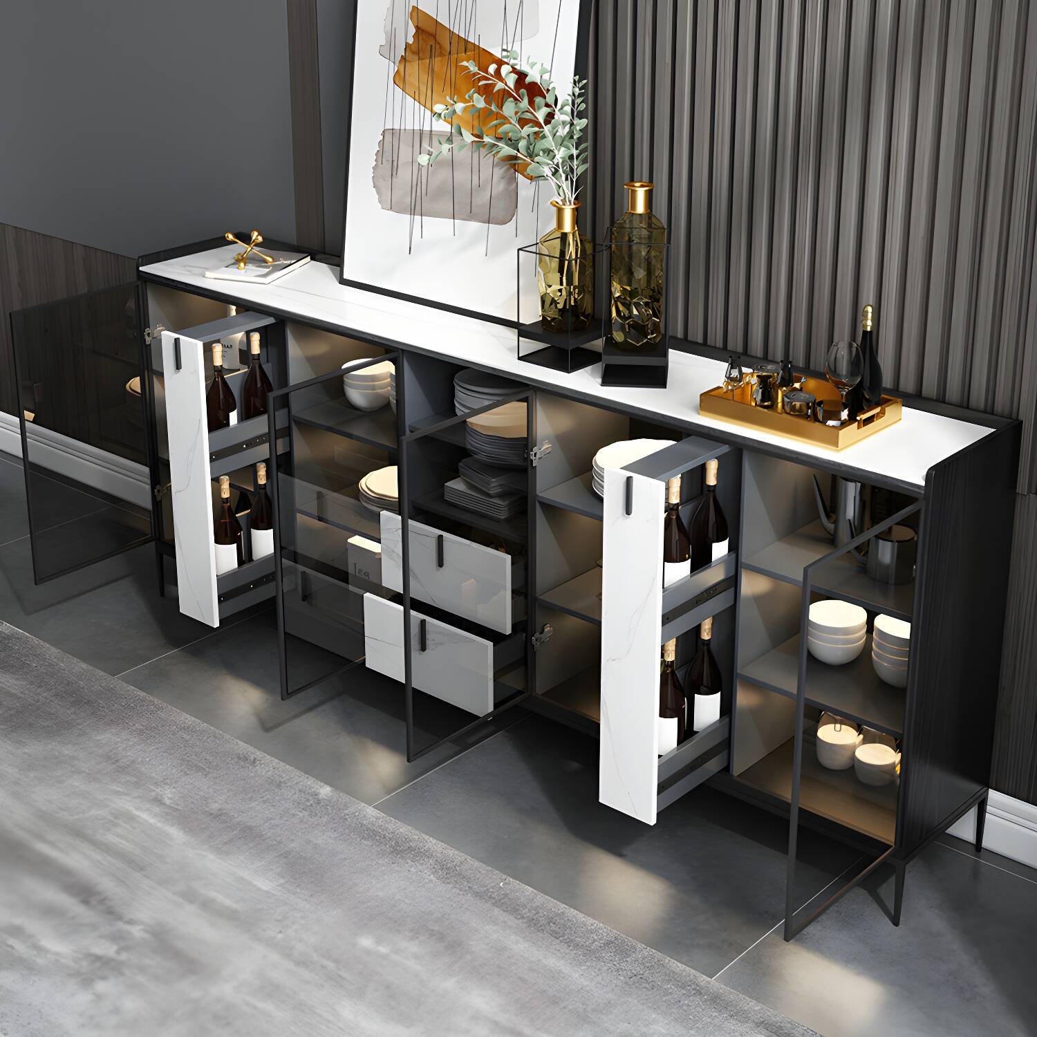 Contemporary Server with Metallic Finish 2 Drawer Sideboard with LED Lights