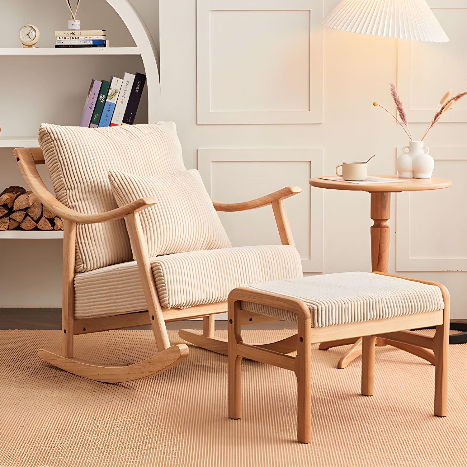 Suede and Solid Wood Rocking Chair with Padded Seat Rocker Chair Removable Cushions