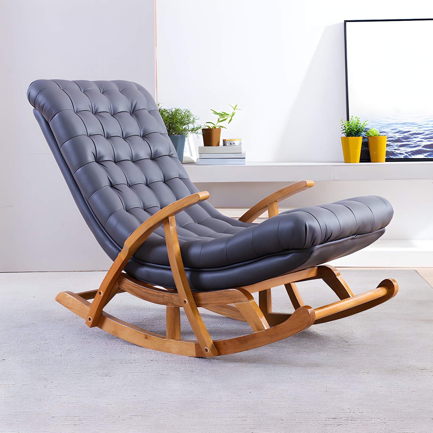 Leather Rocking Chair Plain Contemporary Tufted Cushions Rocking Chair with Ottoman