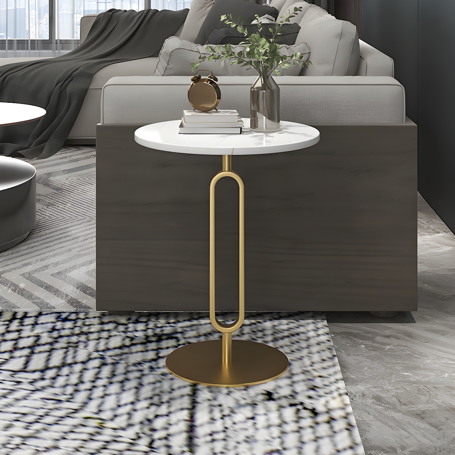 Minimalist Round Corner Table Slate Pedestal Sofa Side Table