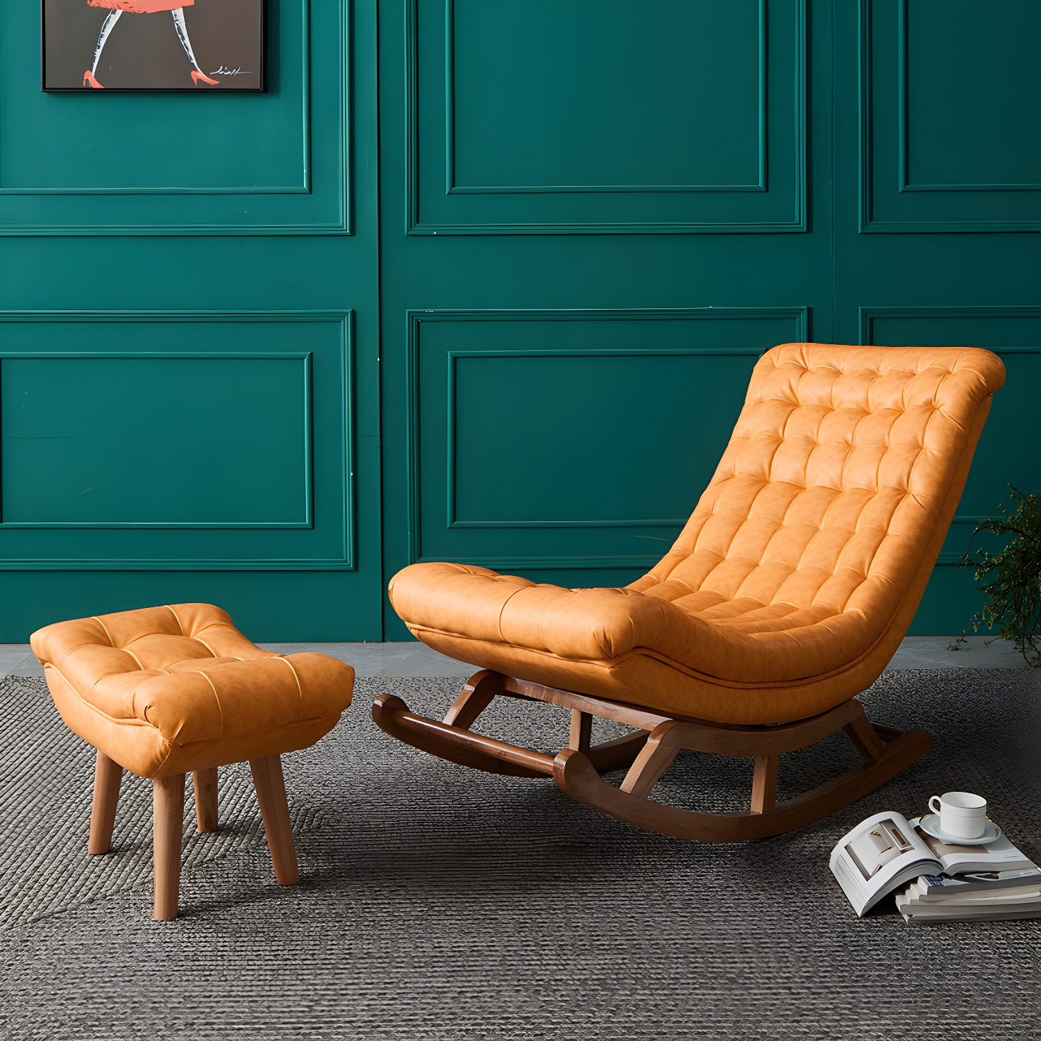 Living Room Rocker Chair Solid Tufted Cushions Leather Rocker Chair with Ottoman