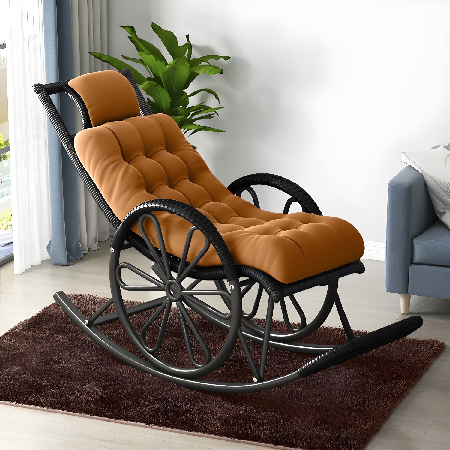 Modern Rocker Wicker Removable Cushions Tufted with Gray Frame Rocking Chair