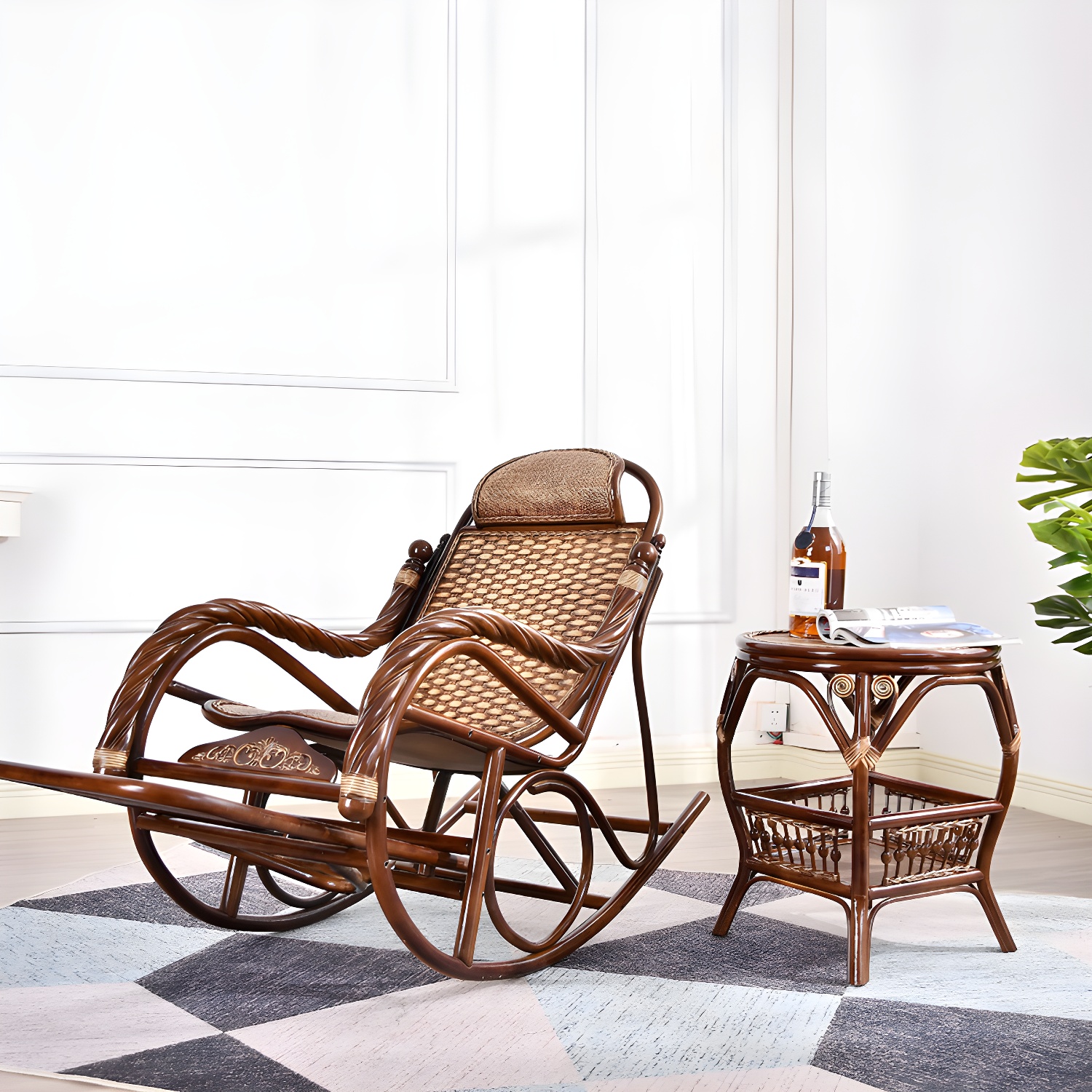 Rattan Rocking Chair Pure Colour Traditional Woven Rope Rocking Chair in Living Room