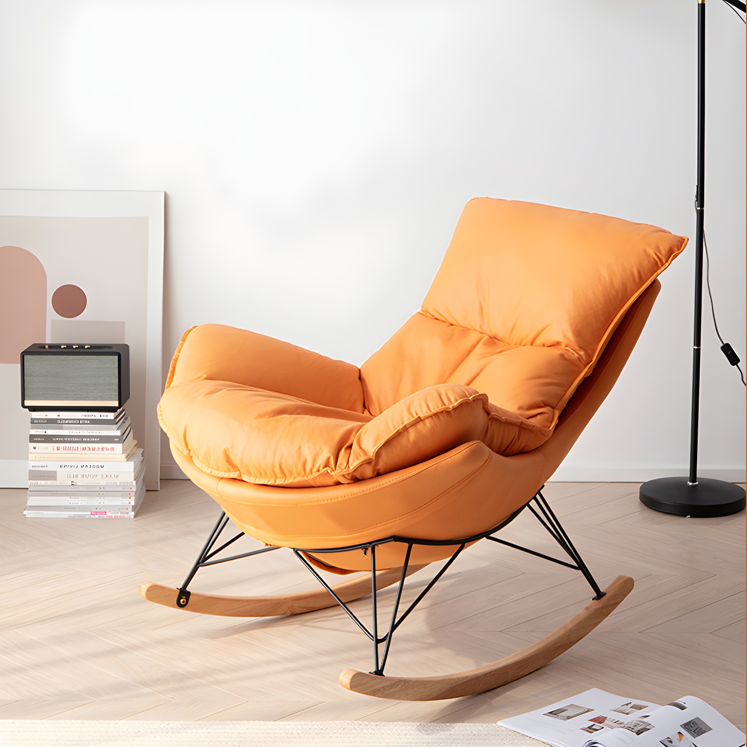 Contemporary Rocking Chair Pure Colour Faux Leather Water Resistant Chair with Ottoman