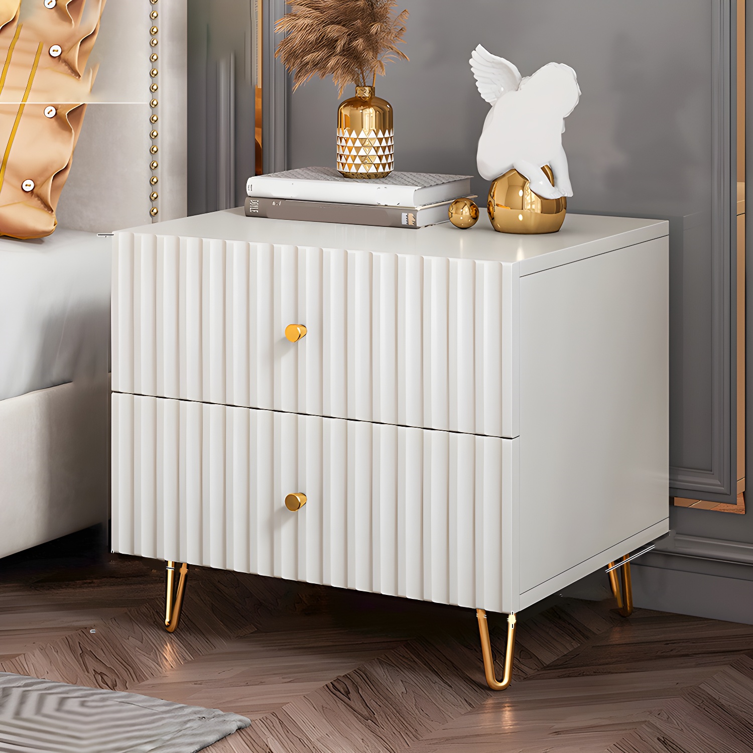 Drawer Storage Bed Nightstand Beige Legs Included Night Table Glam