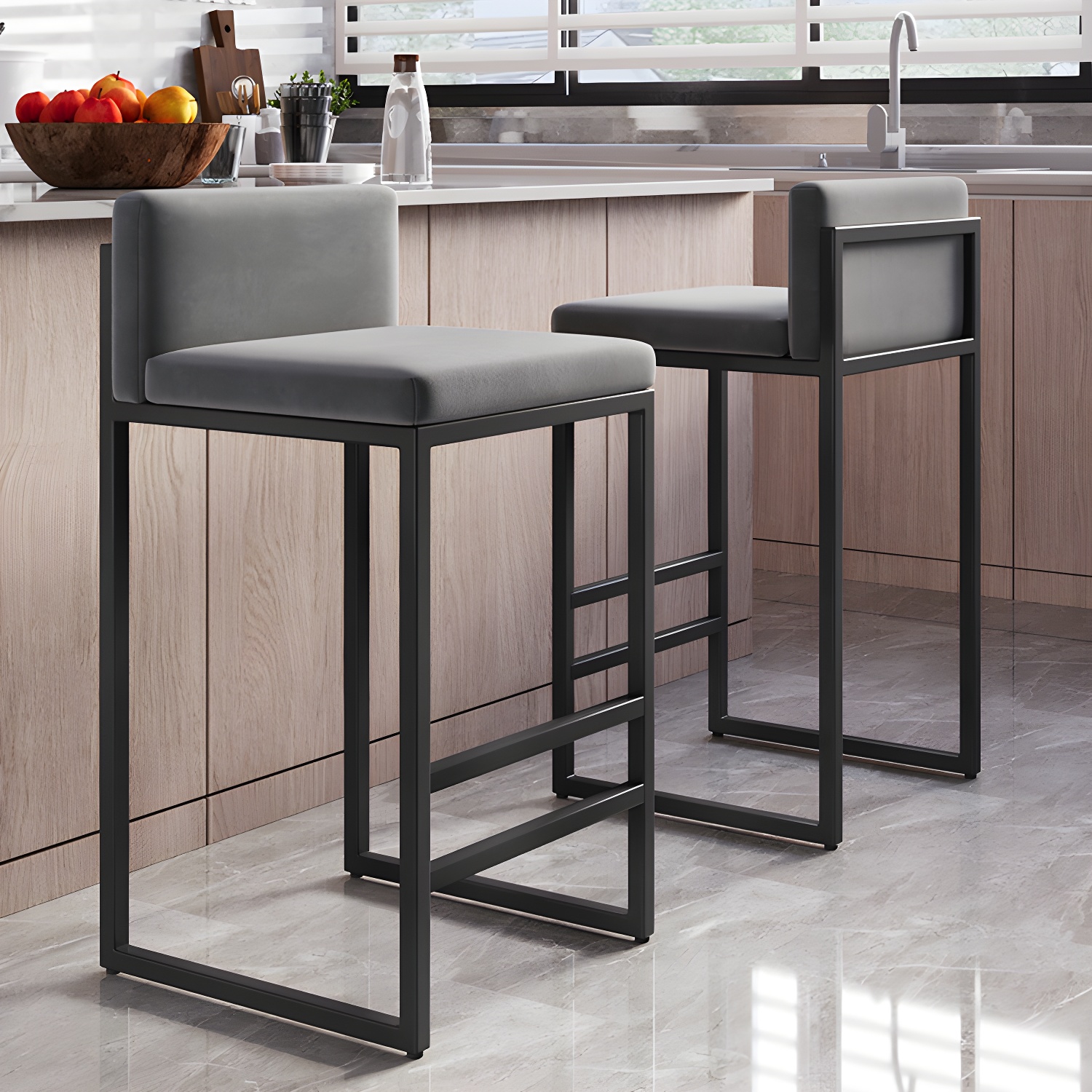 Modern Armless Backrest Counter Stool Steel Cafe Bar Stool with Velvet Cushion and Pedal