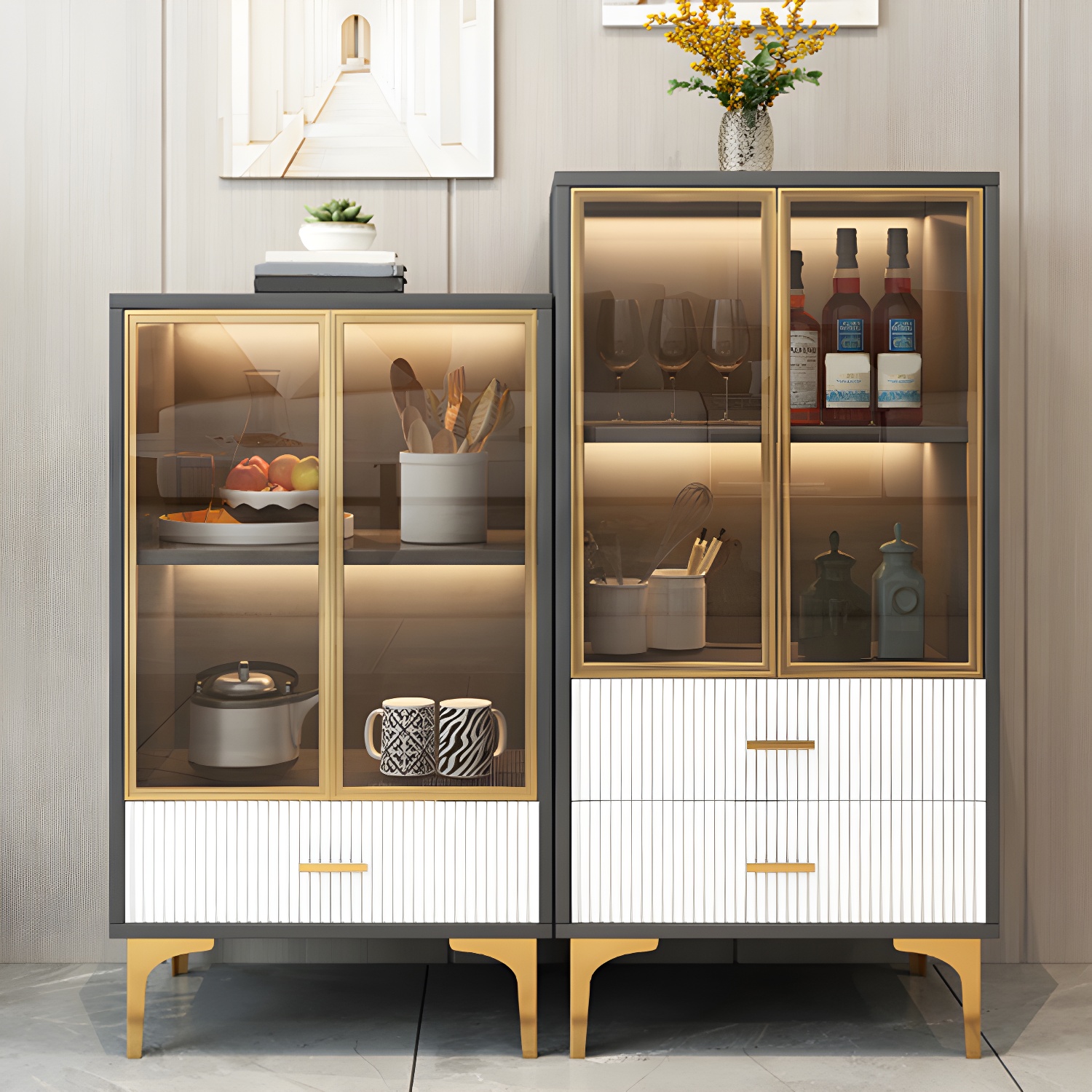 Modern Display Cabinet Faux Wood Storage Cabinet with Glass Doors for Living Room