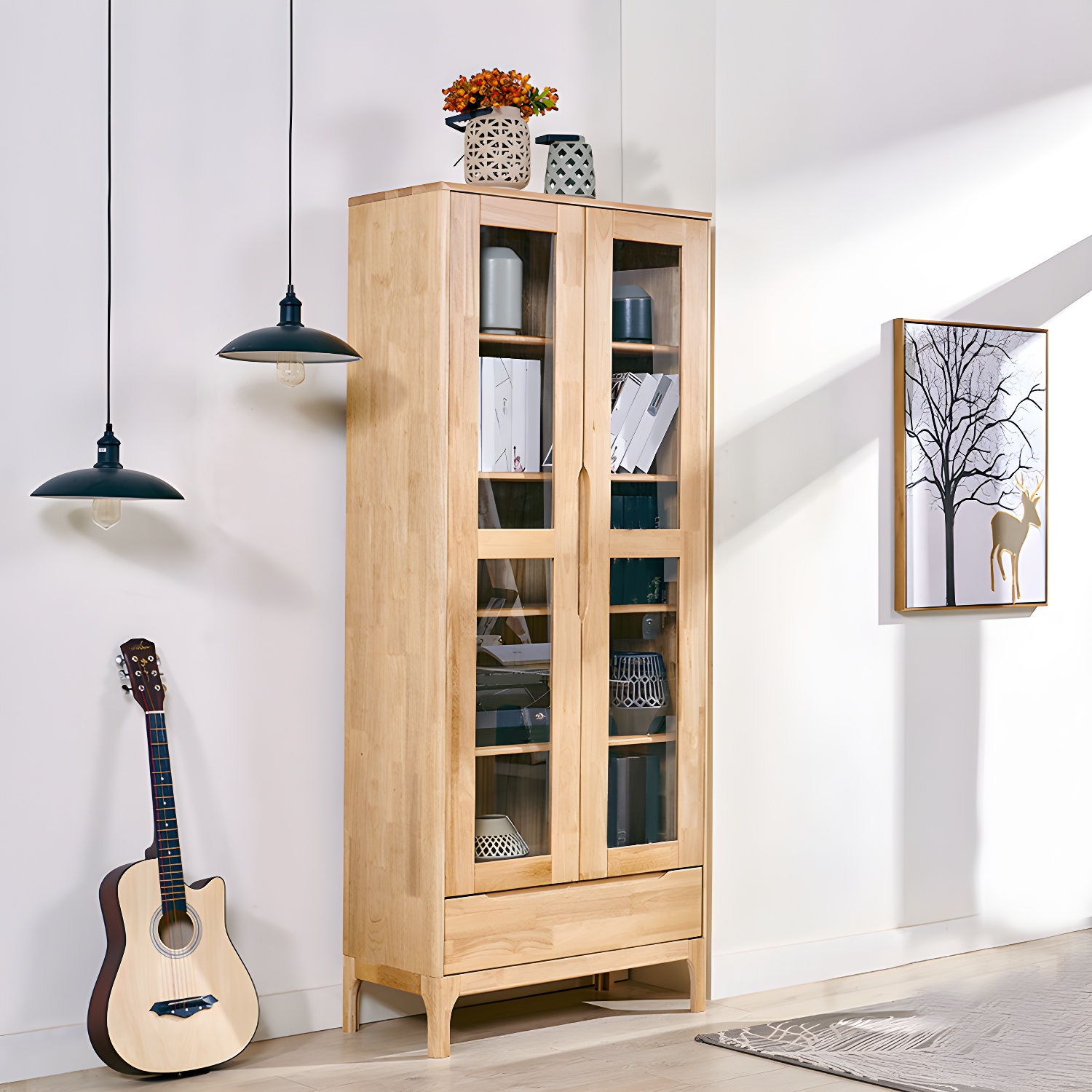 Oak Modern Storage Cabinet Glass Doors Display Cabinet with Drawer for Living Room
