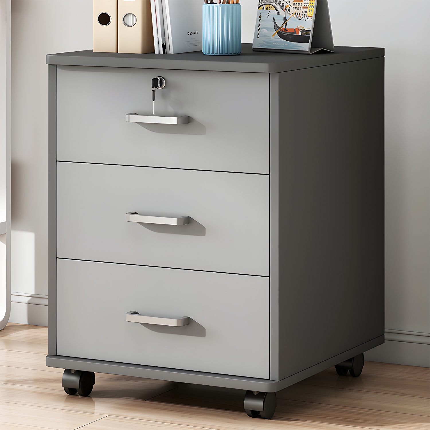 Contemporary Vertical Solid Colour Drawers Castors Wood File Cabinet for Home Office