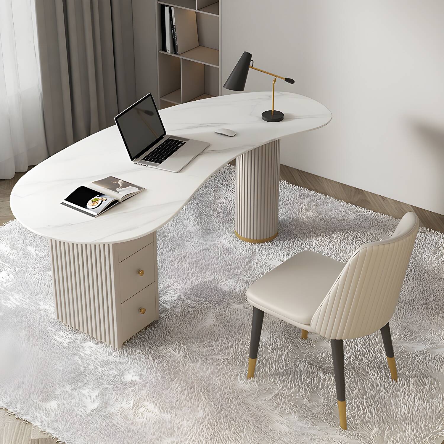 Contemporary Marble Computer Desk for Home 30"H Desk with Wooden Legs