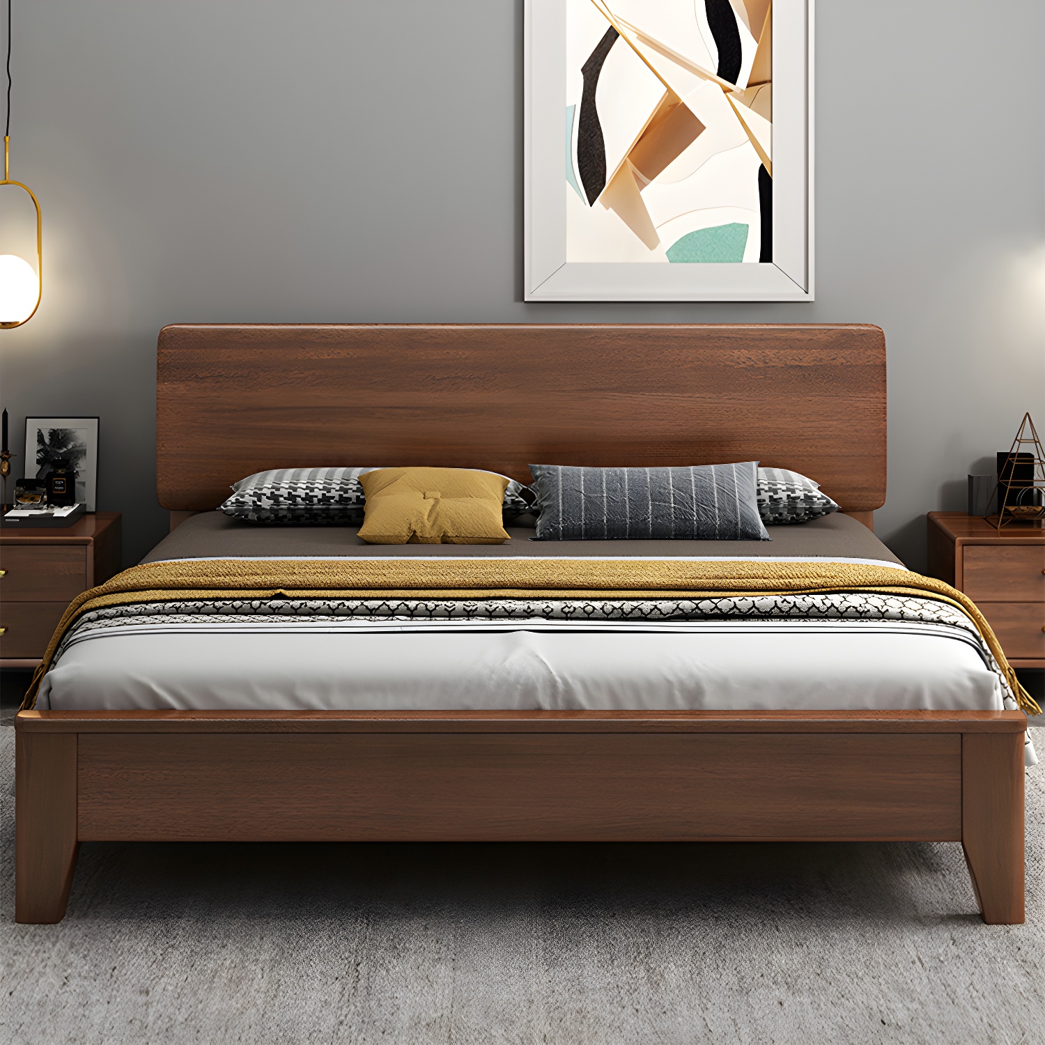 Scandinavian Wood Standard Bed Pine Wood Bed Frame for Bedroom