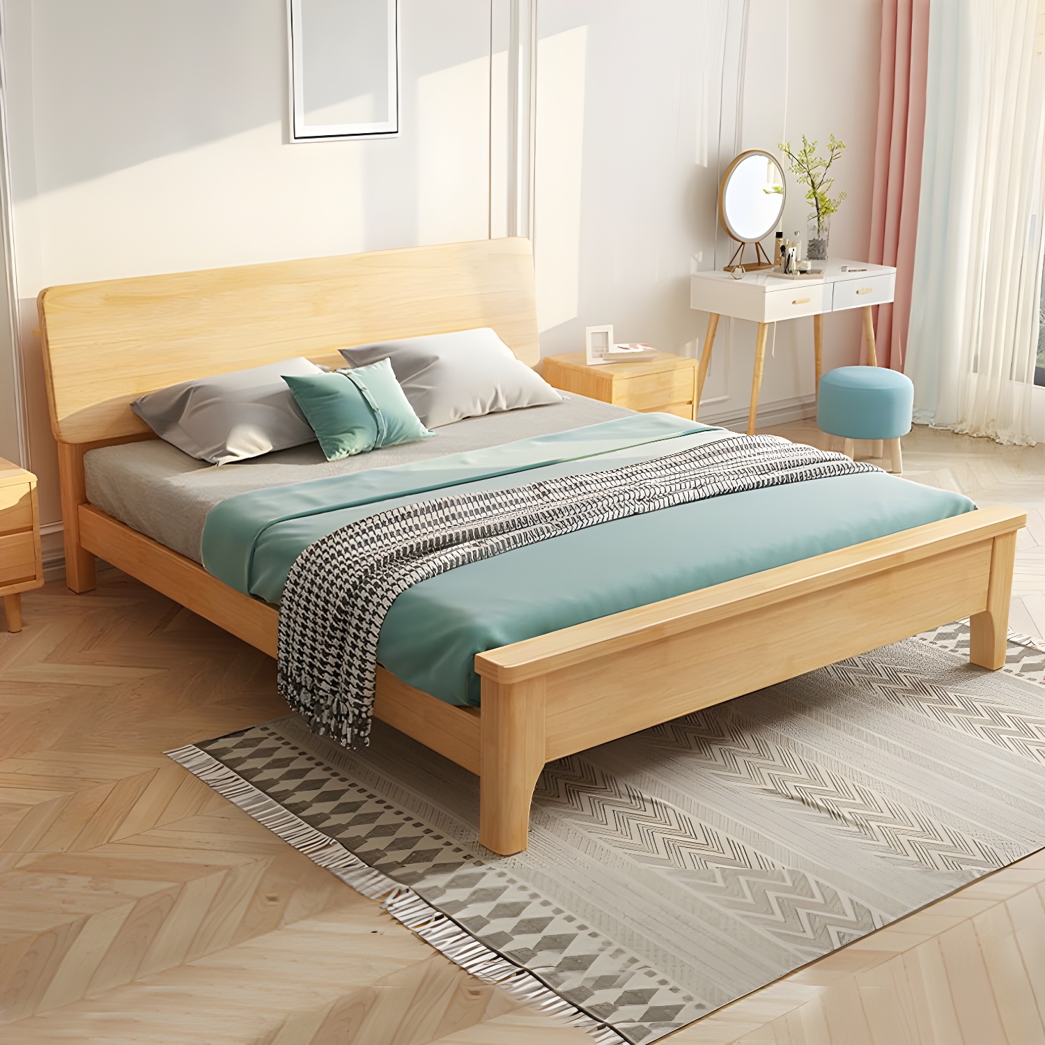 84.65 inch Wide Scandinavian Bed Frame Solid Wood Standard Bed with Headboard