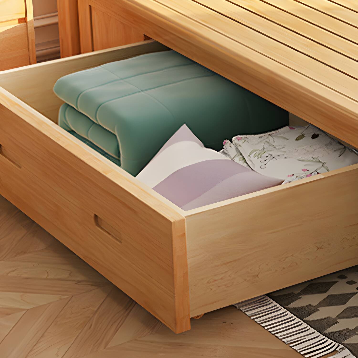 84.65 inch Wide Scandinavian Bed Frame Solid Wood Standard Bed with  Headboard, Bed Size 150W x 200L cm, Bed Type Lift Up Storage, Bedside Table  1 piece- OZ-Home-Hub