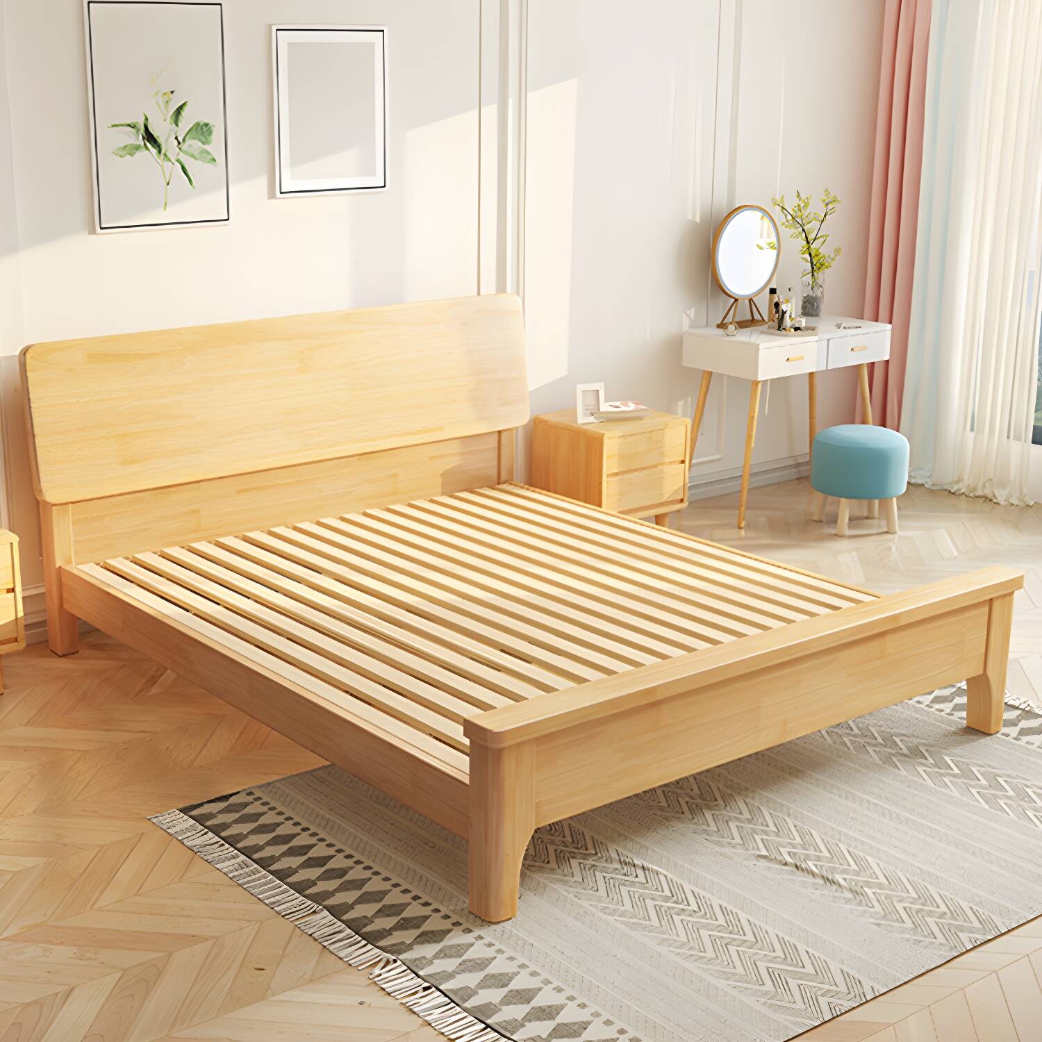 84.65 inch Wide Scandinavian Bed Frame Solid Wood Standard Bed with  Headboard, Bed Size 150W x 200L cm, Bed Type Panel, Bedside Table Not  Included- OZ-Home-Hub