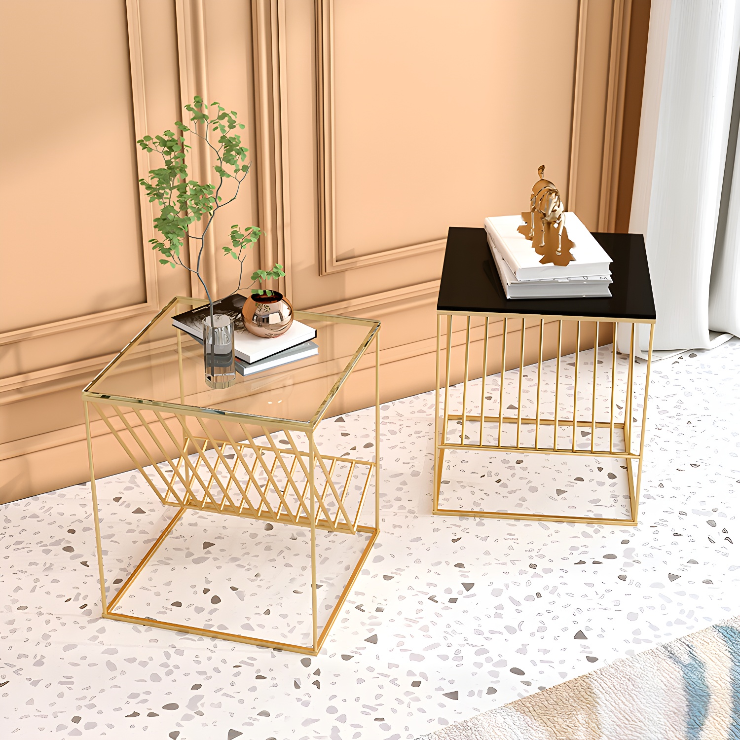 Modern Accent Table Nightstand Glass Night Table with Shelves ,19.7" Tall