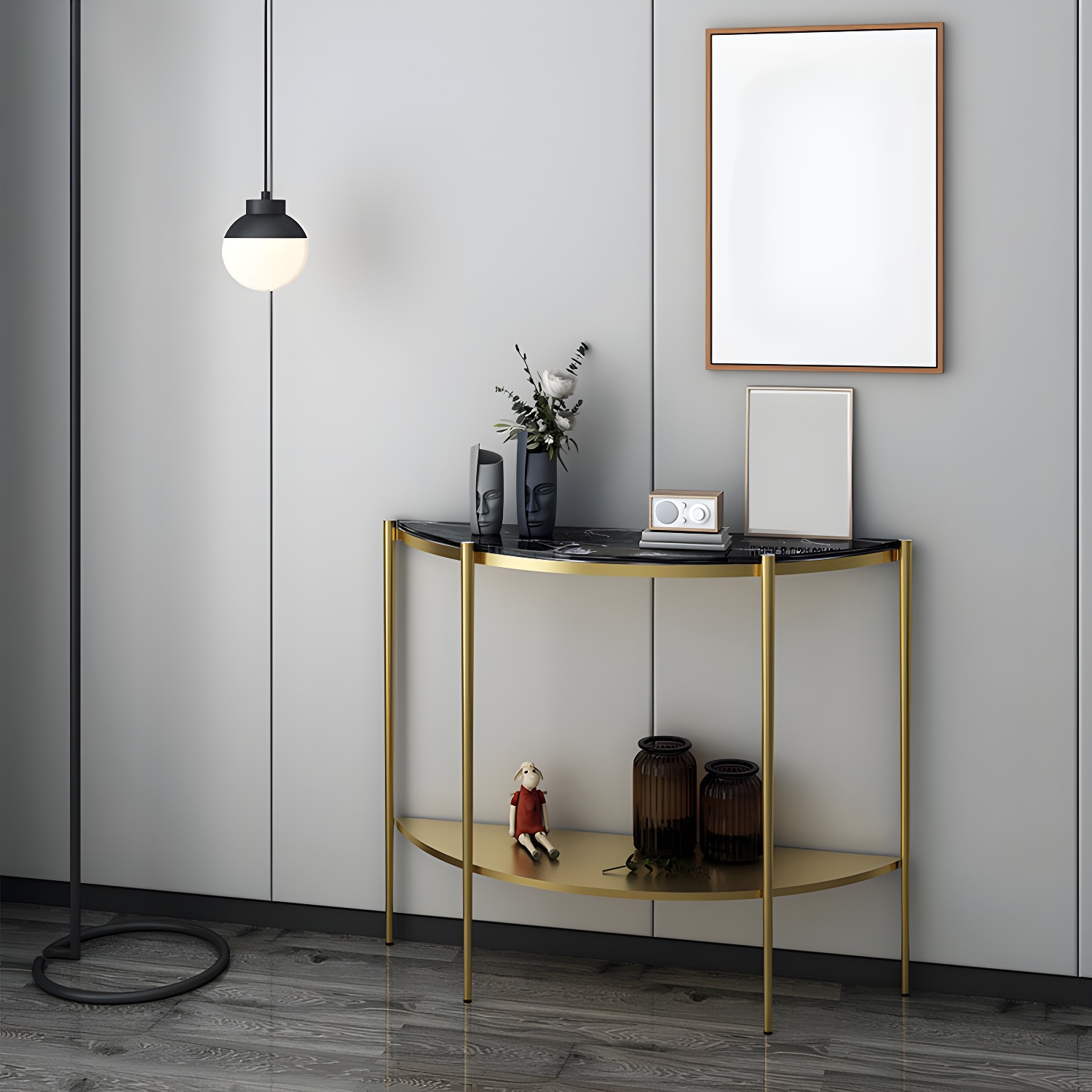 Glam Marble Console Sofa Table Half Moon End Table with Shelves for Hall