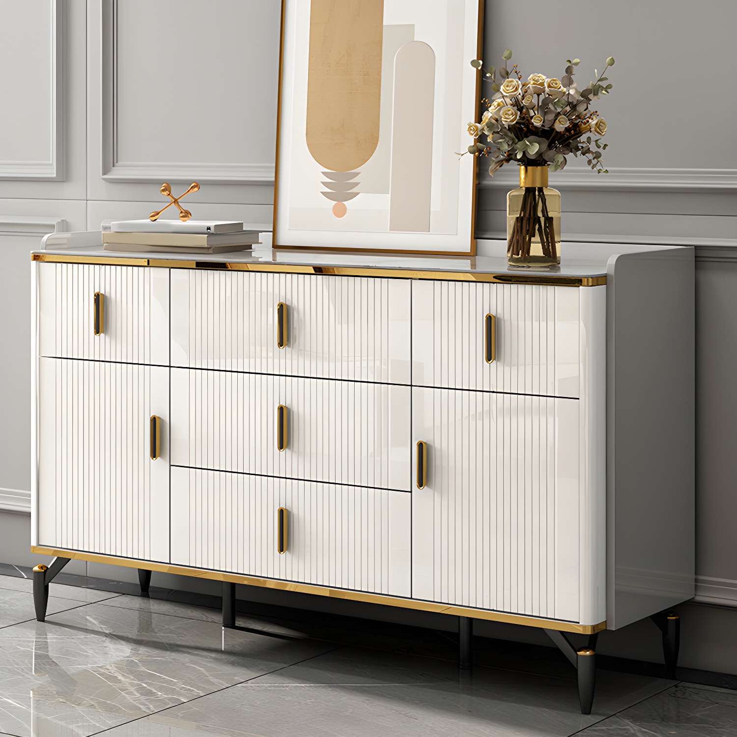 Glam Stone Storage Chest Bedroom Chest in White with Drawers