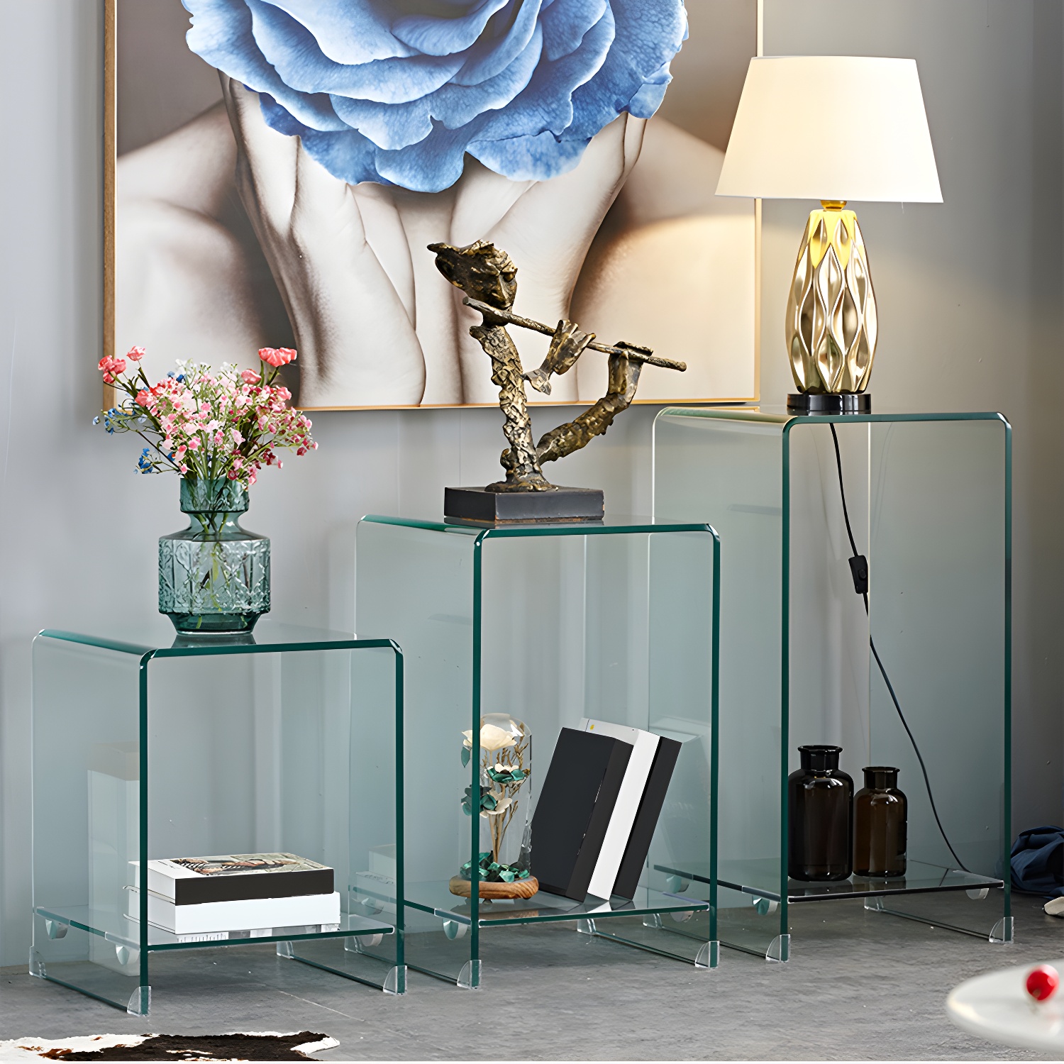 Contemporary Glass Square Side Table Sled End Table with Shelf