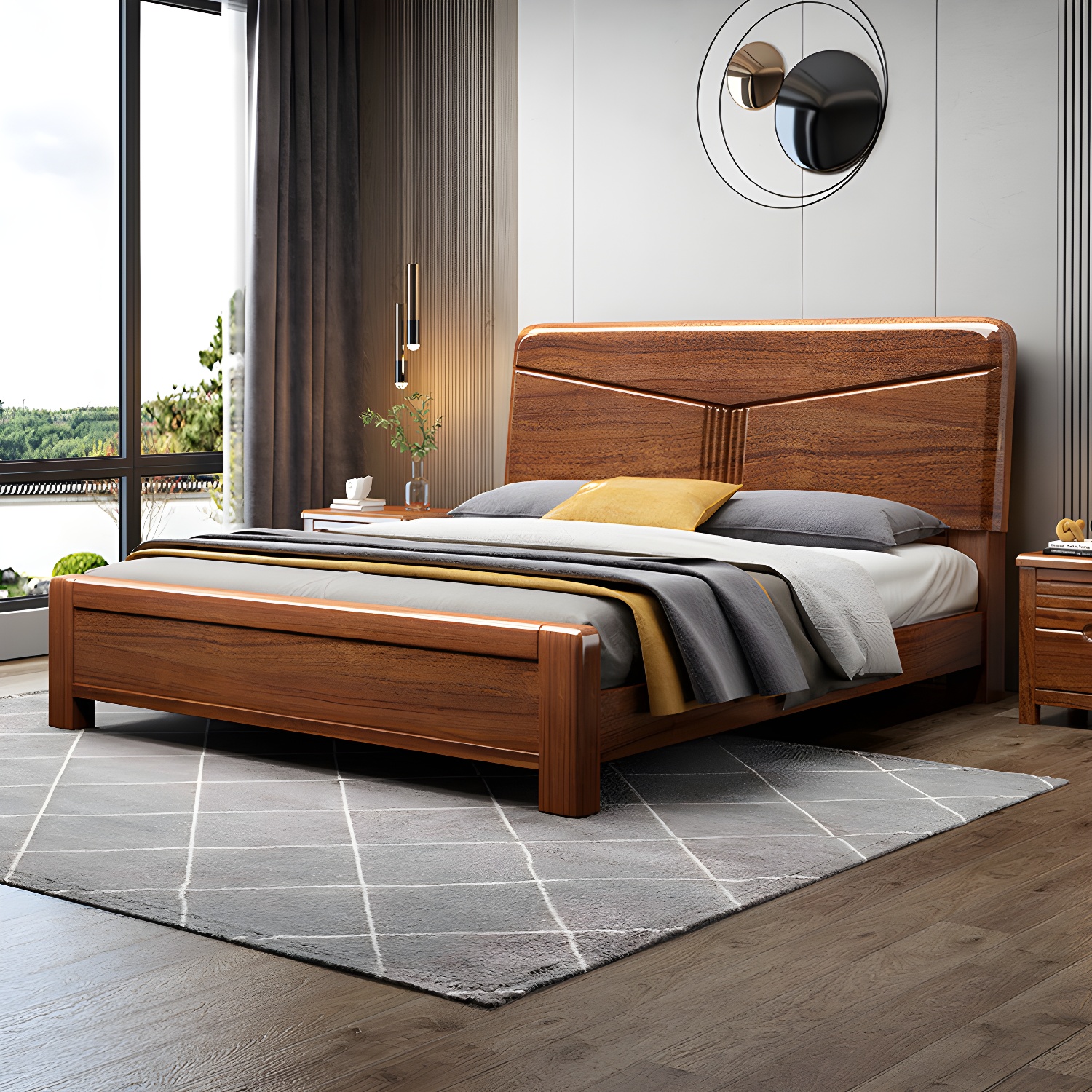 Walnut Wooden Bed in Brone with Headboard and Footboard Queen Bed