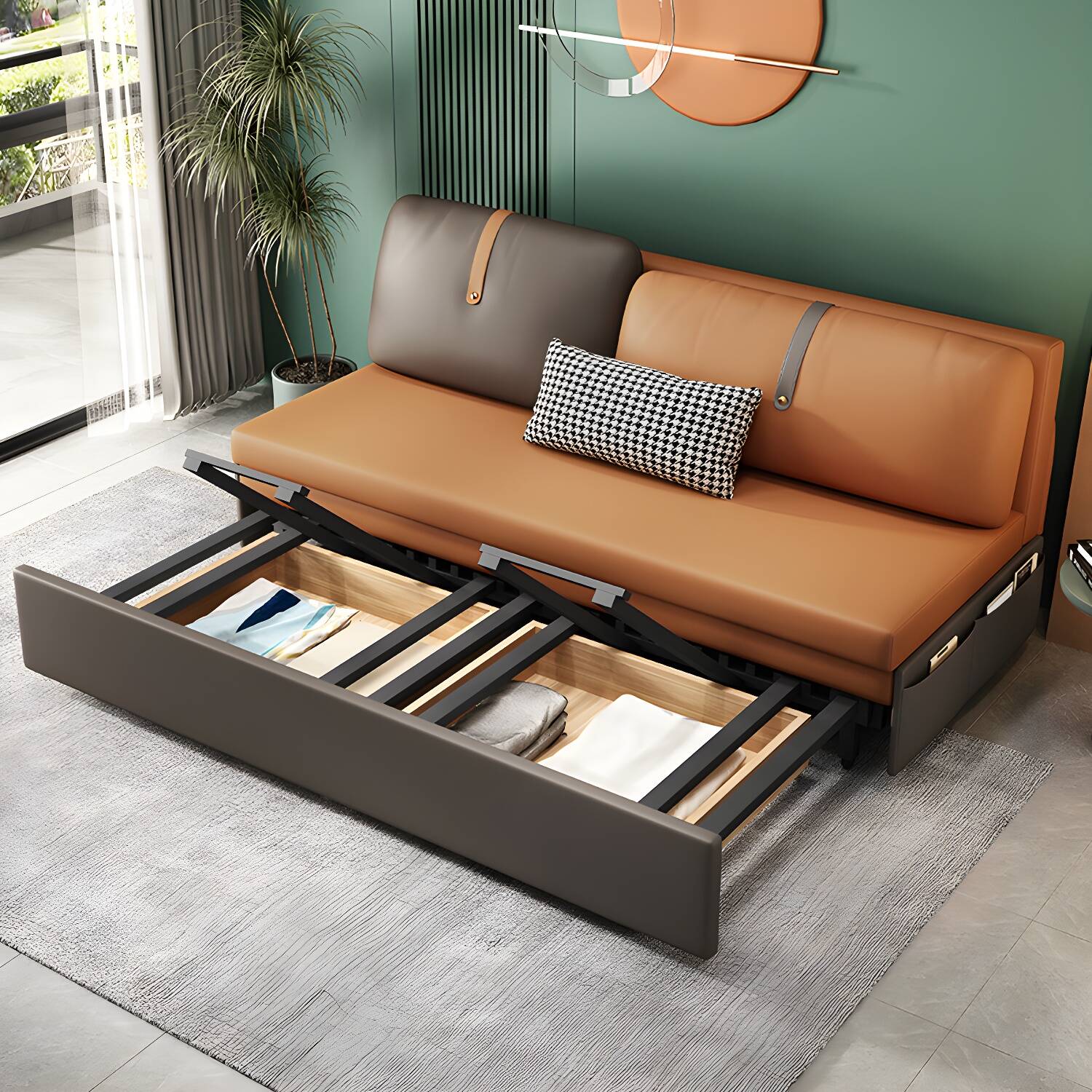 Contemporary Armless Bonded Leather Sofa Bed in Brown with Storage