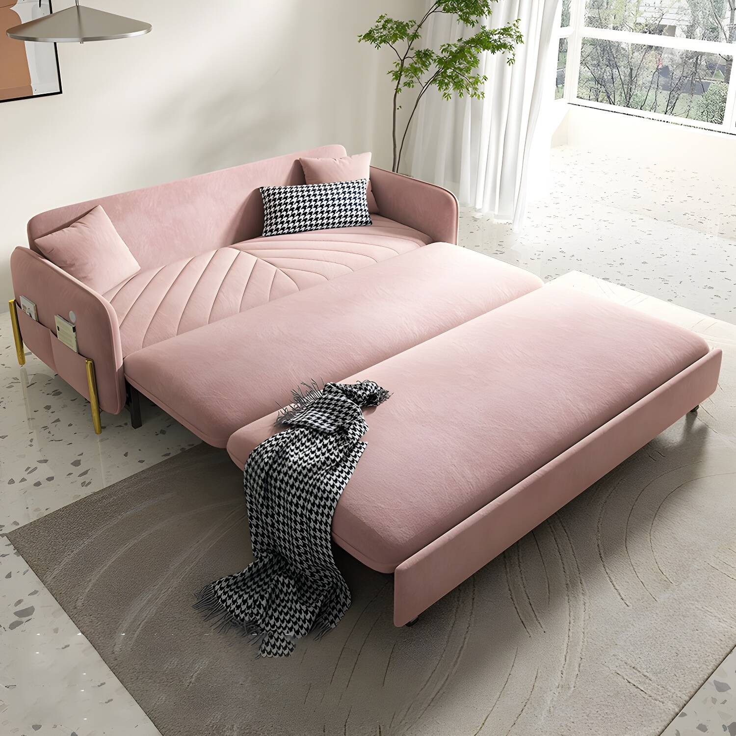 31.49" Wide Pink Sleeper Sofa Velvet Sofa Bed with Detachable Mattress