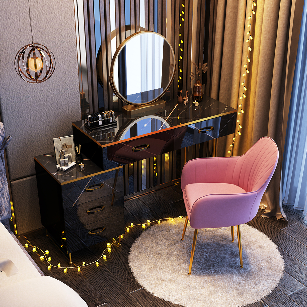 Glam Stone Top Makeup Dressing Table with Drawers in Black for Living Room