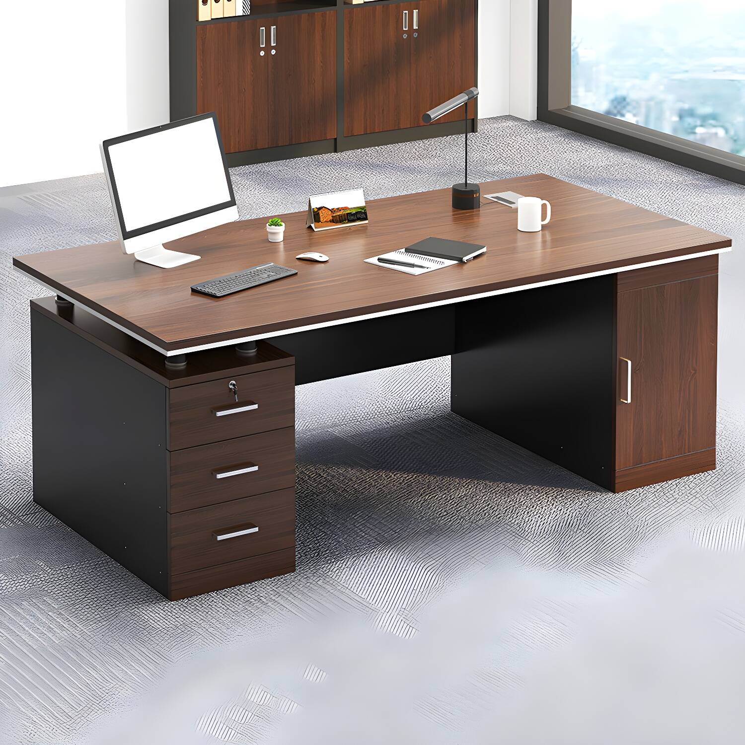 Modern Style Office Desk Home Brown Writing Desk with 3 Drawers and 1 Door