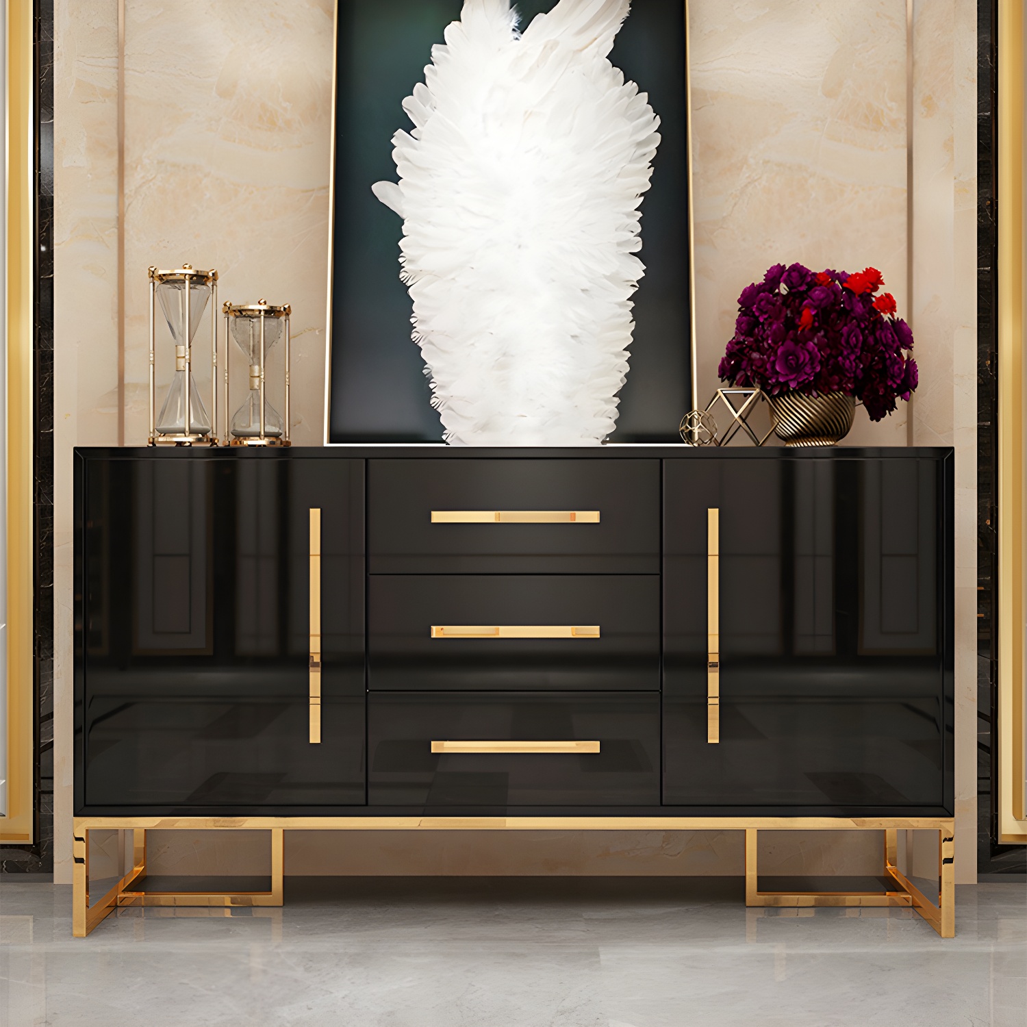 Glam Sideboard Buffet 3 Drawers and 2 Doors Cabinets Matte High Gloss Sideboard