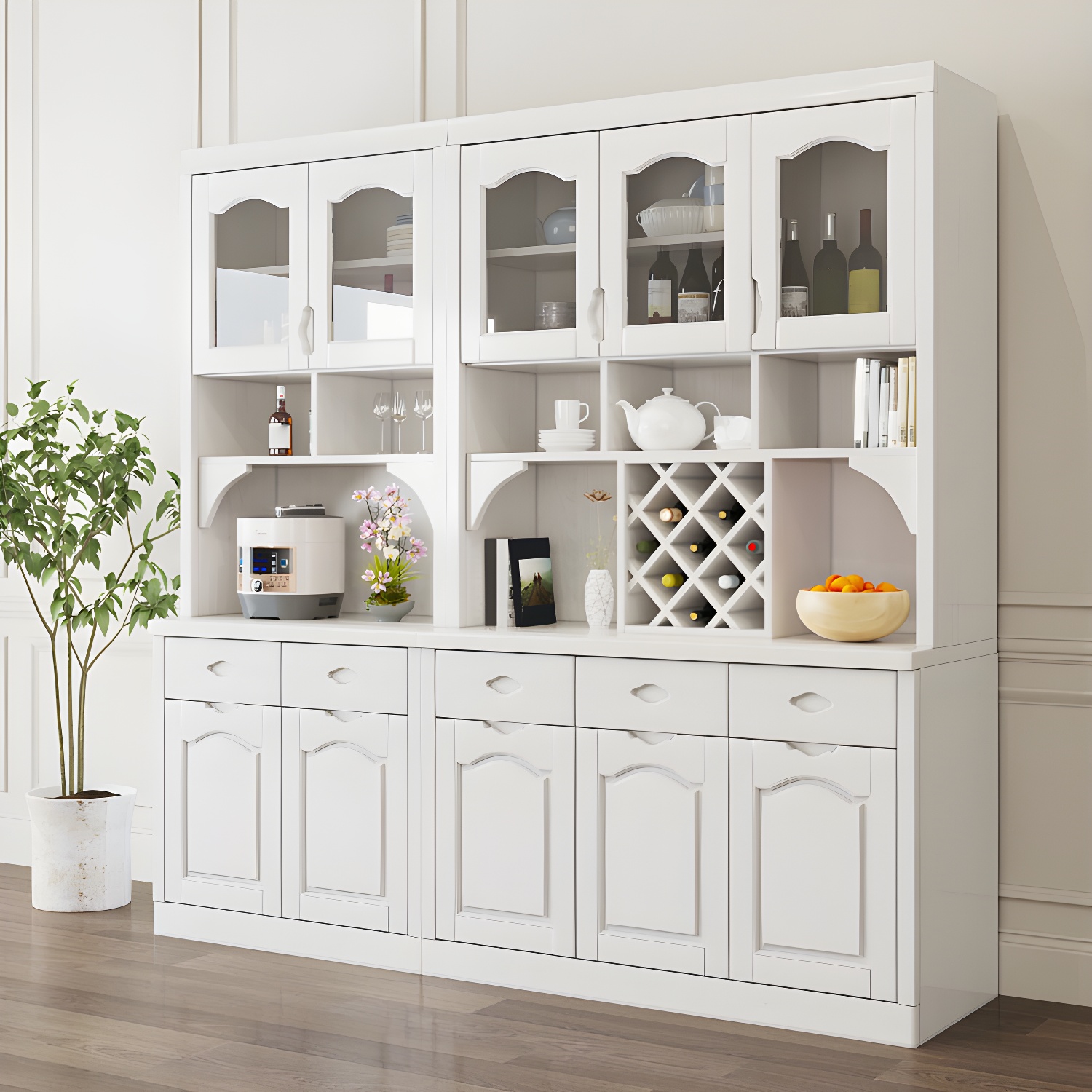 Modern Rubberwood Dining Hutch Glass Doors Hutch Buffet with Drawers for Living Room