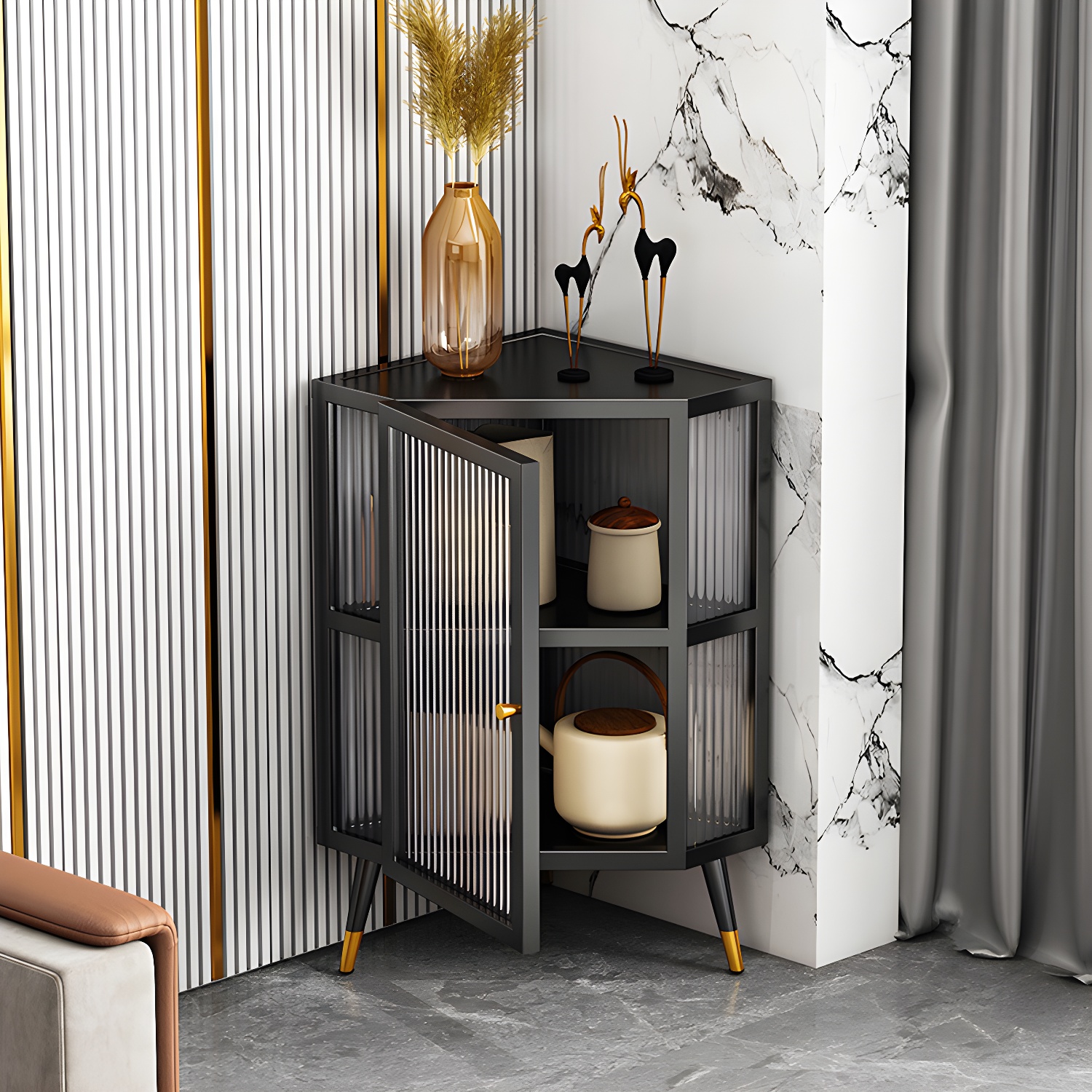 Industrial Corner Unit Curio Cabinet Metal Storage Cabinet for Living Room