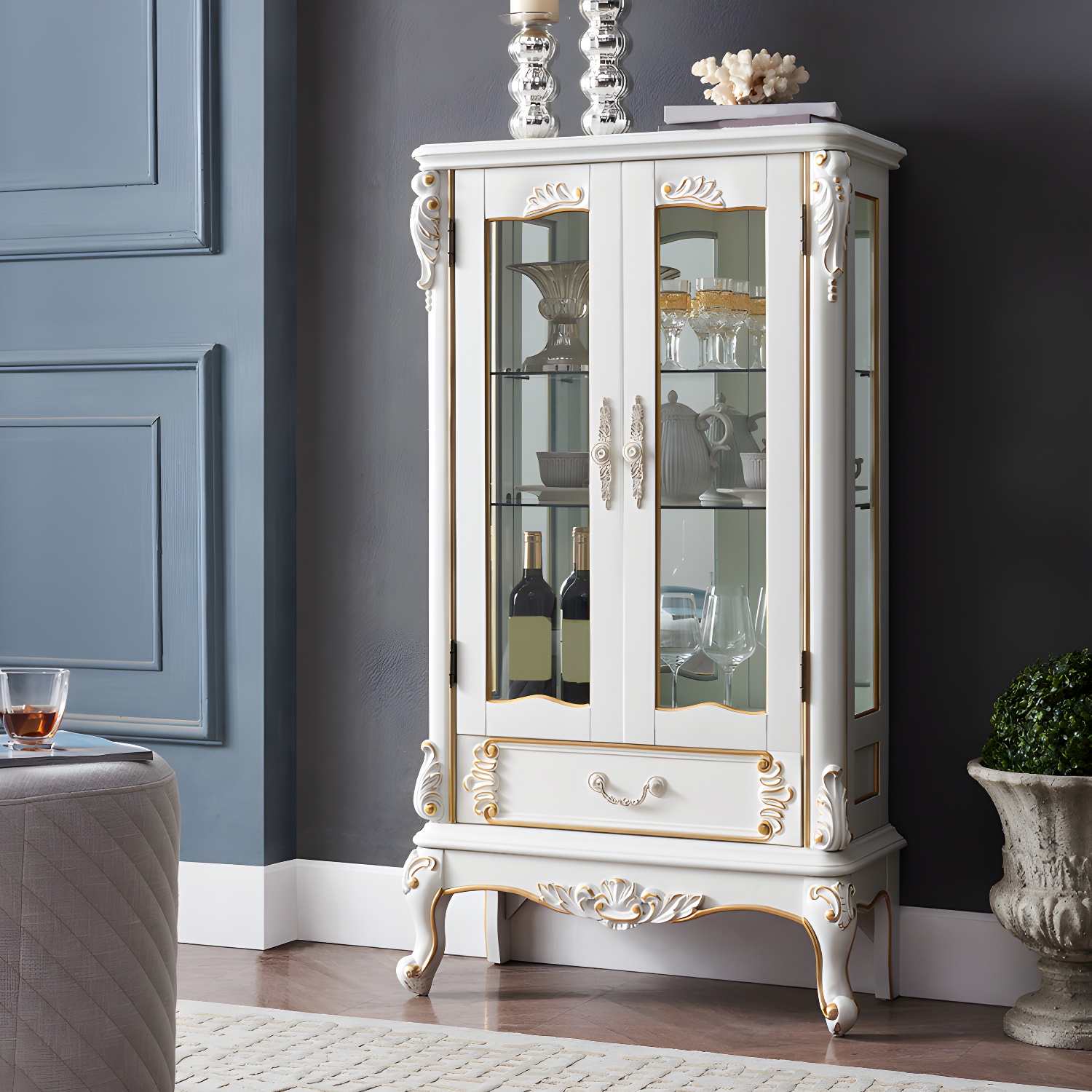 Traditional Curio Cabinet Birch Hutch Cabinet with Doors for Living Room