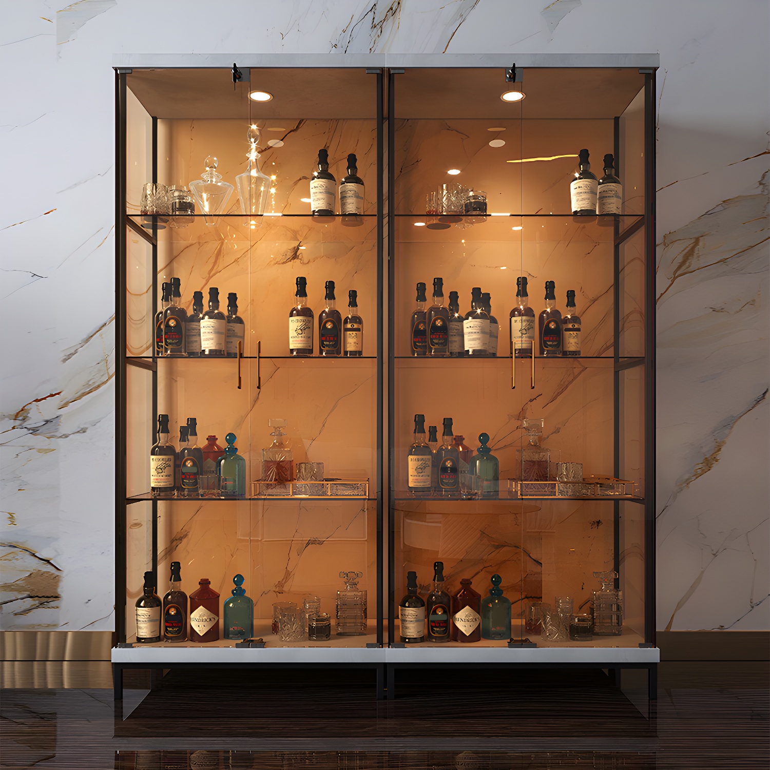 Contemporary Metal Curio Cabinet Glass Doors Hutch Cabinet with Doors for Dining Room