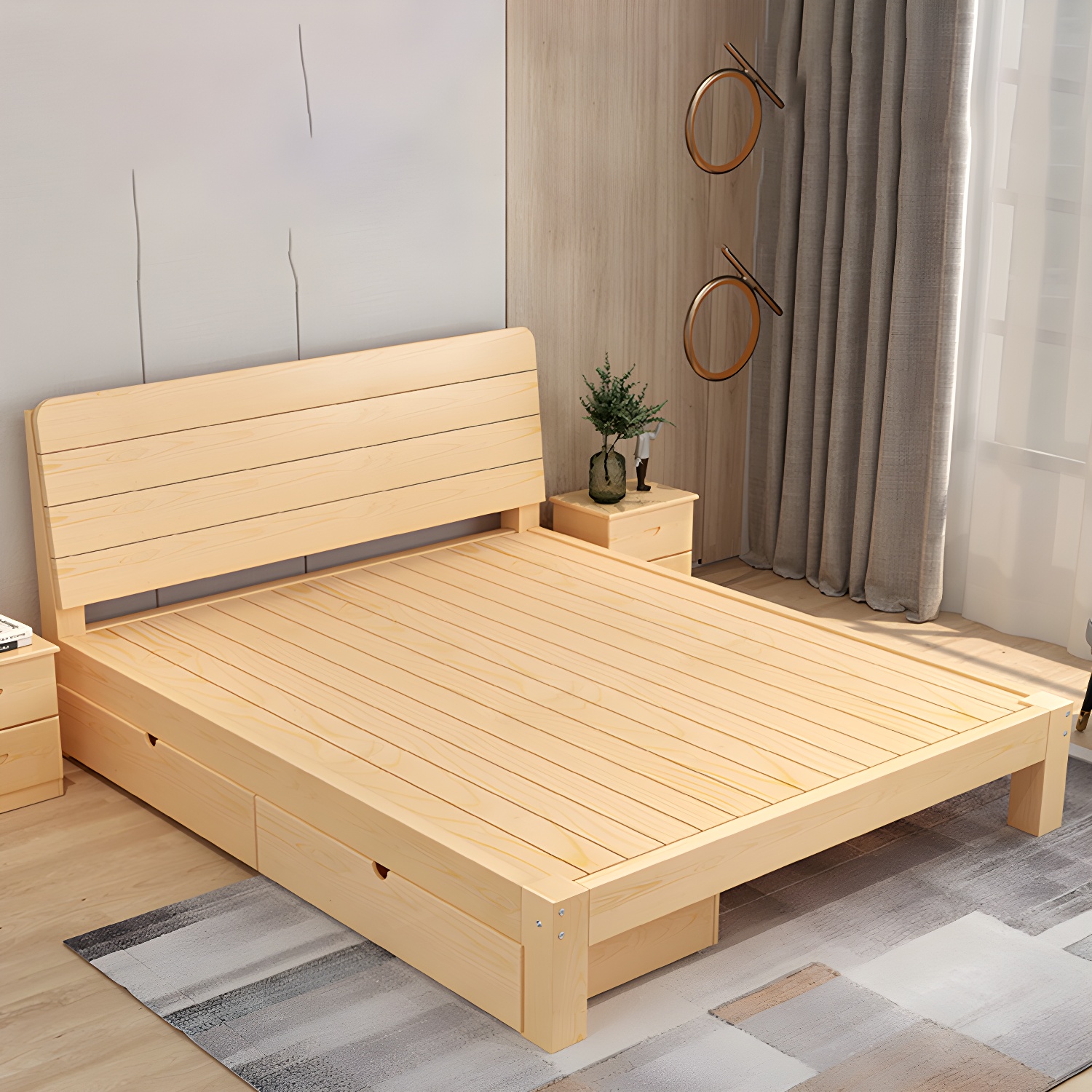 Contemporary Pine Wood Platform Bed Natural Bed Frame with Headboard