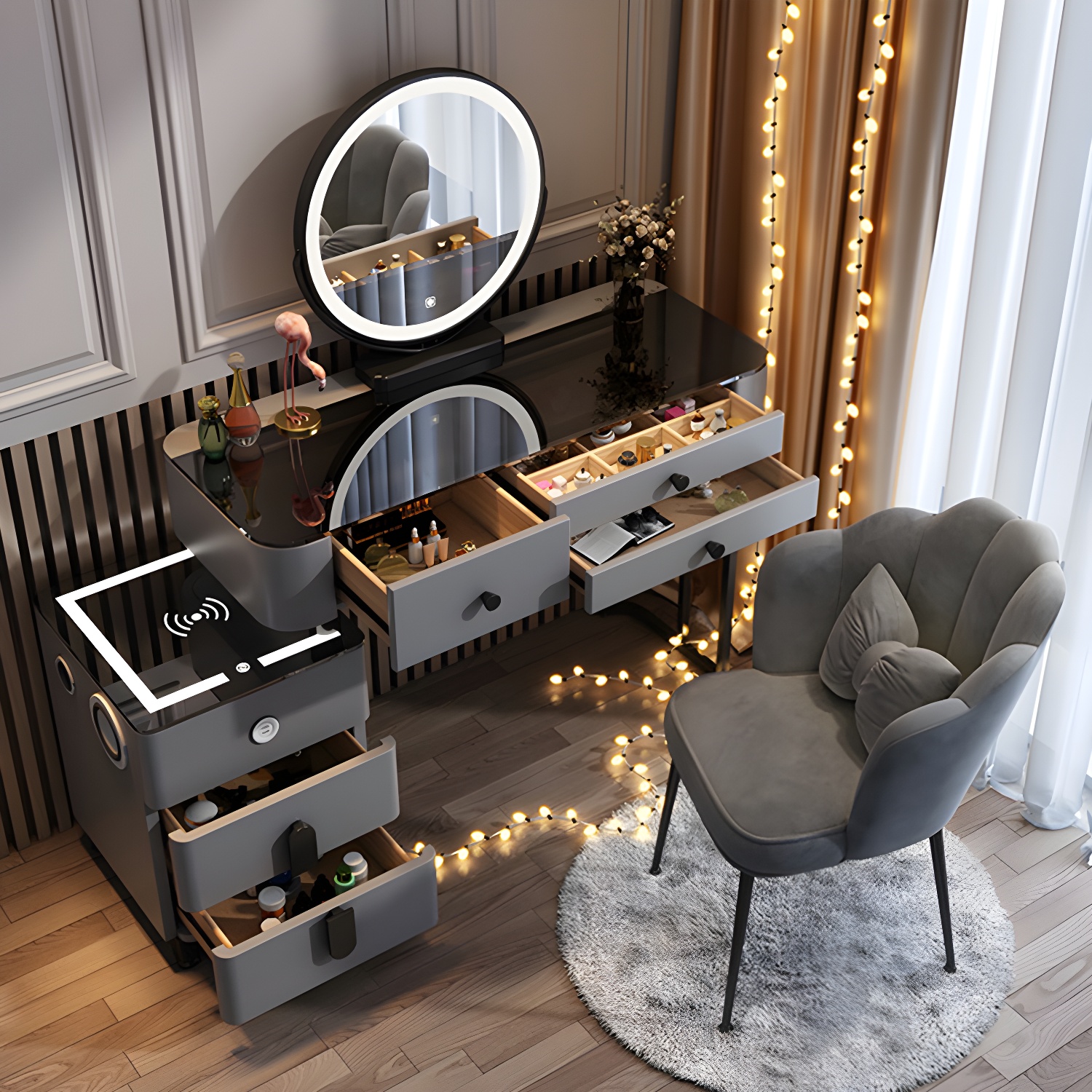 Vanity Glass Makeup Dressing Table Stool Set 5 Drawers Dimmable LED Mirror Vanity Set