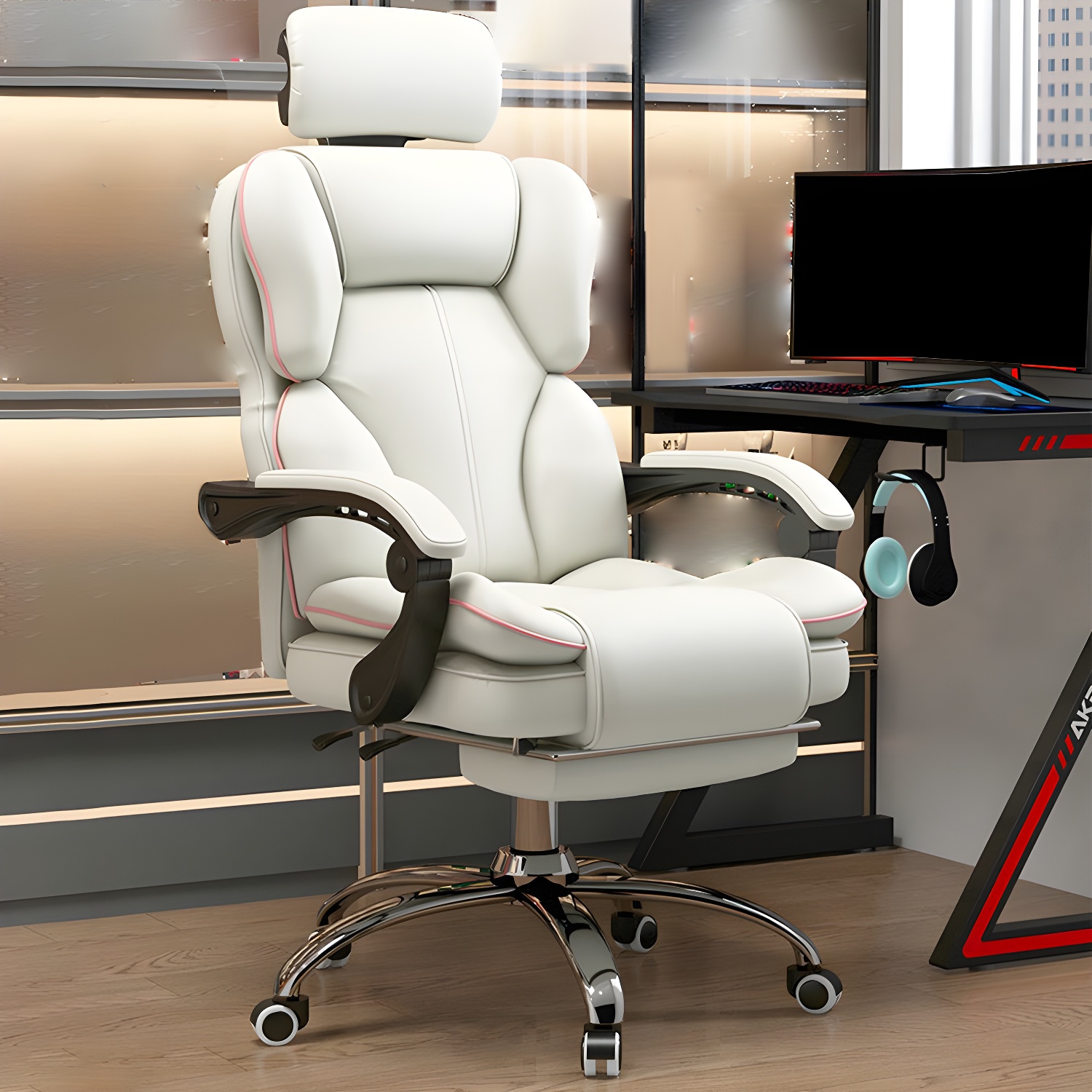 Modern Leather Swivel Chair Padded Arms Adjustable Seat Height Office Chair with Wheels