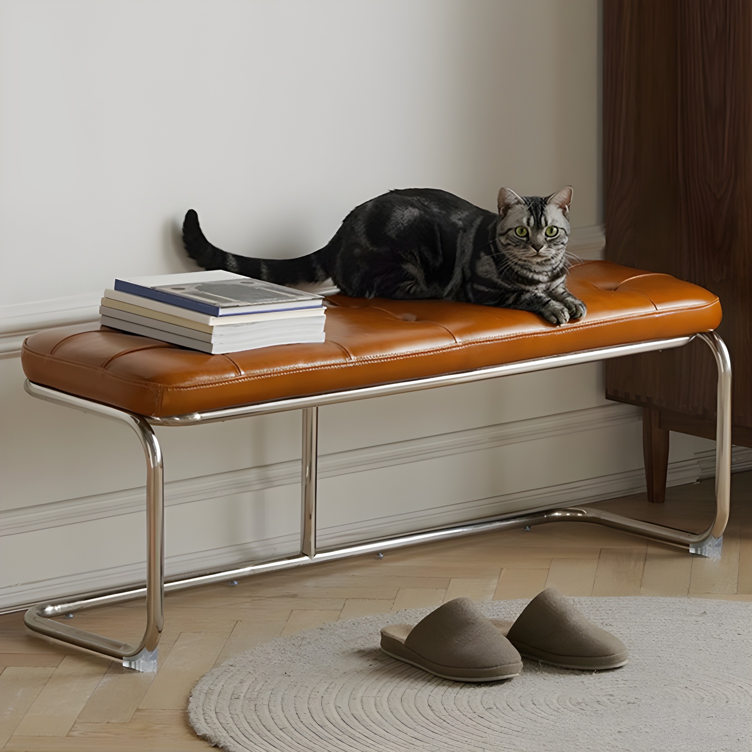 Industrial Entryway Bench Metal Seating Bench with Upholstered , 15.6-inch Width