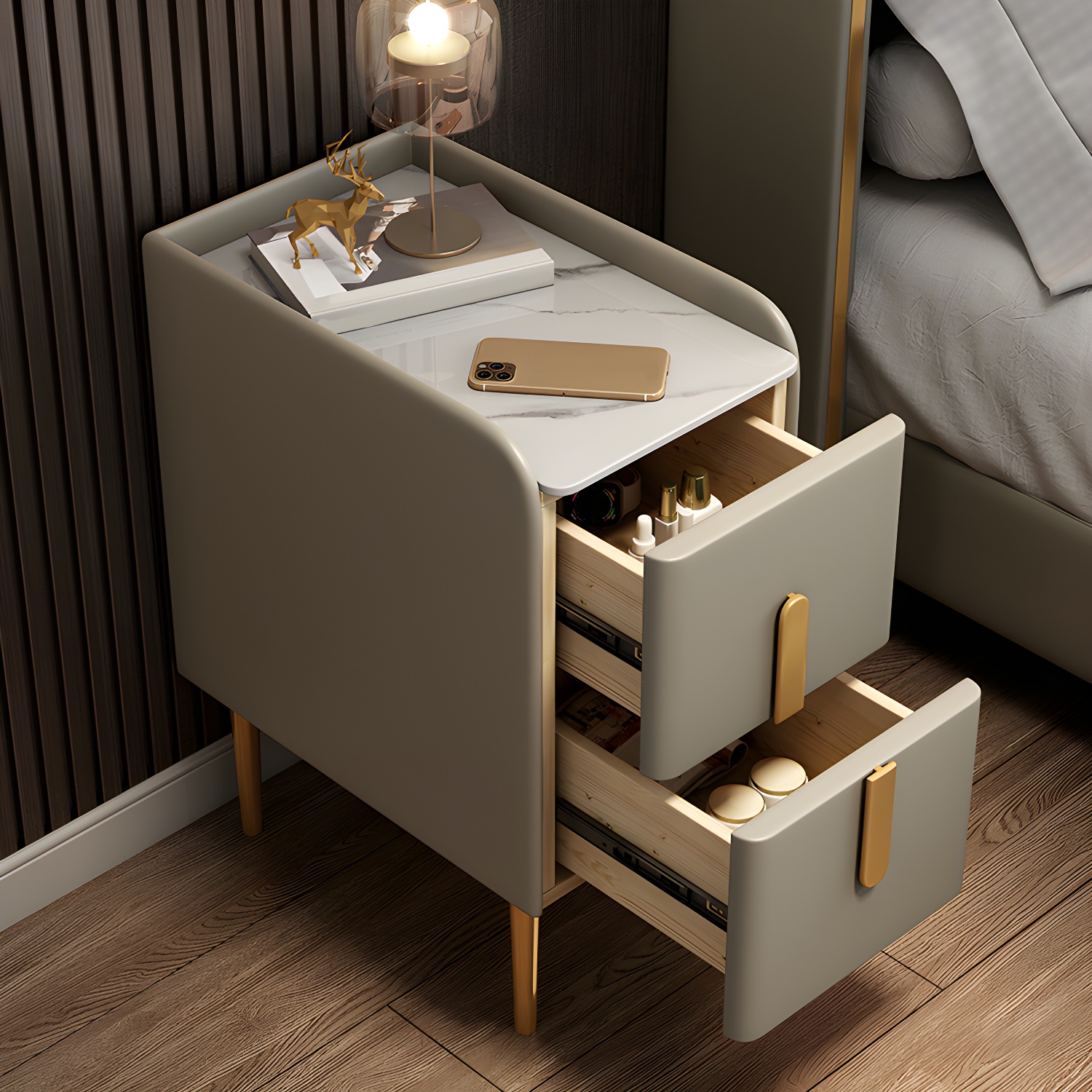 Classic Glam Bed Nightstand Stone Bedside Cabinet with 2 Drawers