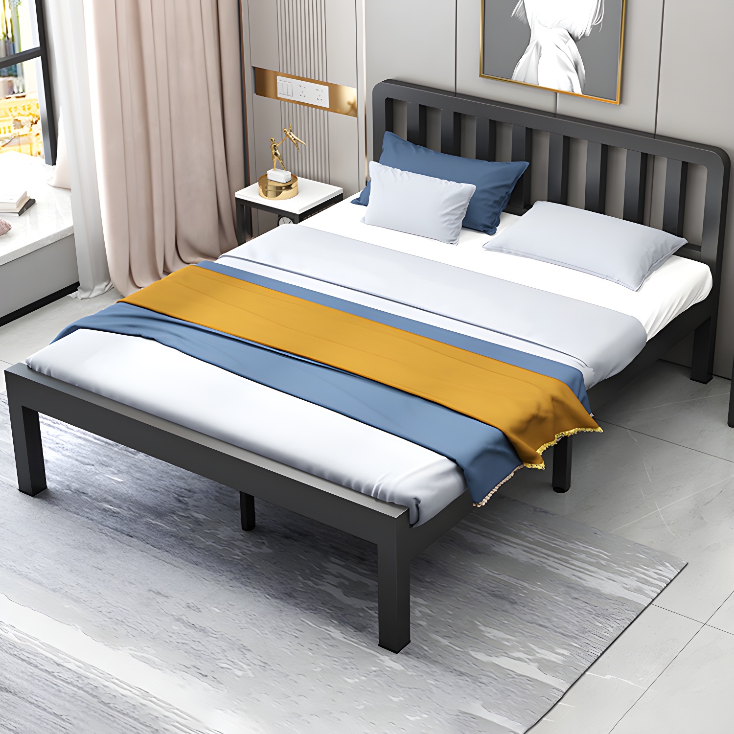 Contemporary Metal Bed Frame Solid Colour Slat Bed with Custom Gold Legs