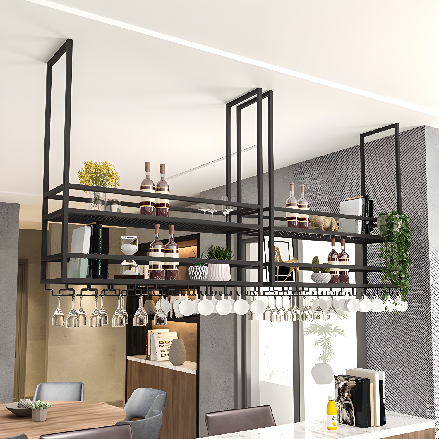 Metal Hanging Wine Glass Rack Modern Black Wine Holder with Shelves