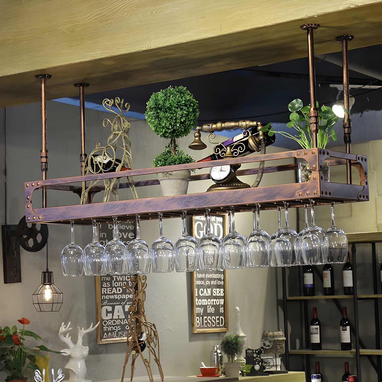 Metal Hanging Wine Holder Rack Modern Style Wine Shelf -47.2"L x 13.8"W x 5.9"H