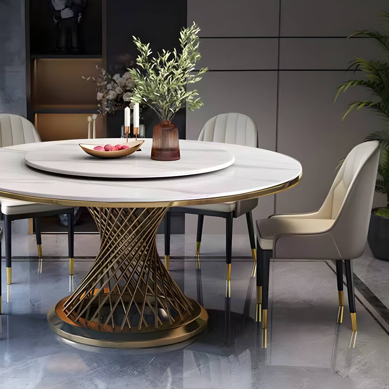 Round Turntable Dining Table Sintered Stone Dining Table for Home