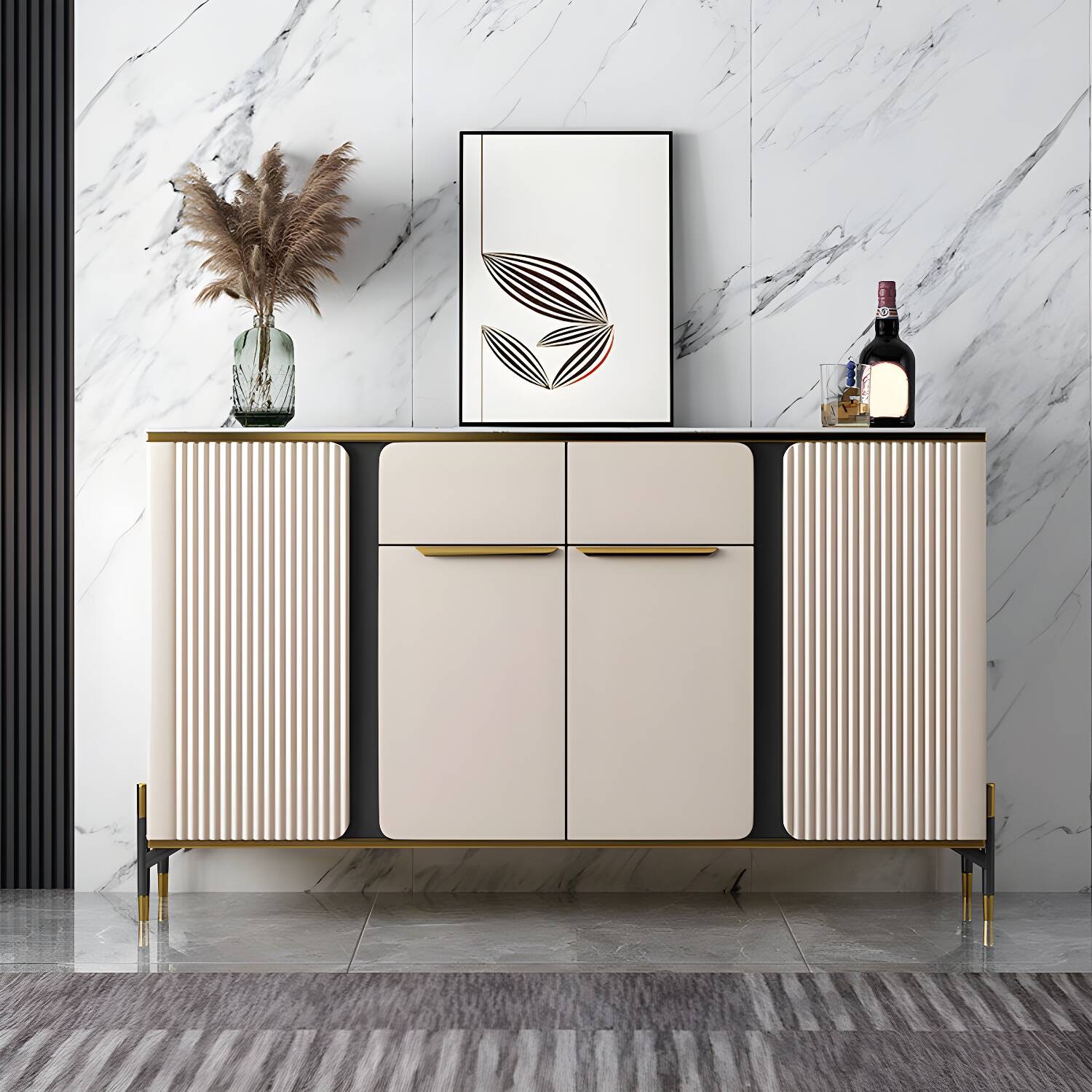 Glam Credenza Stone Adjustable Shelving Buffet Credenza with Cabinets and Drawers