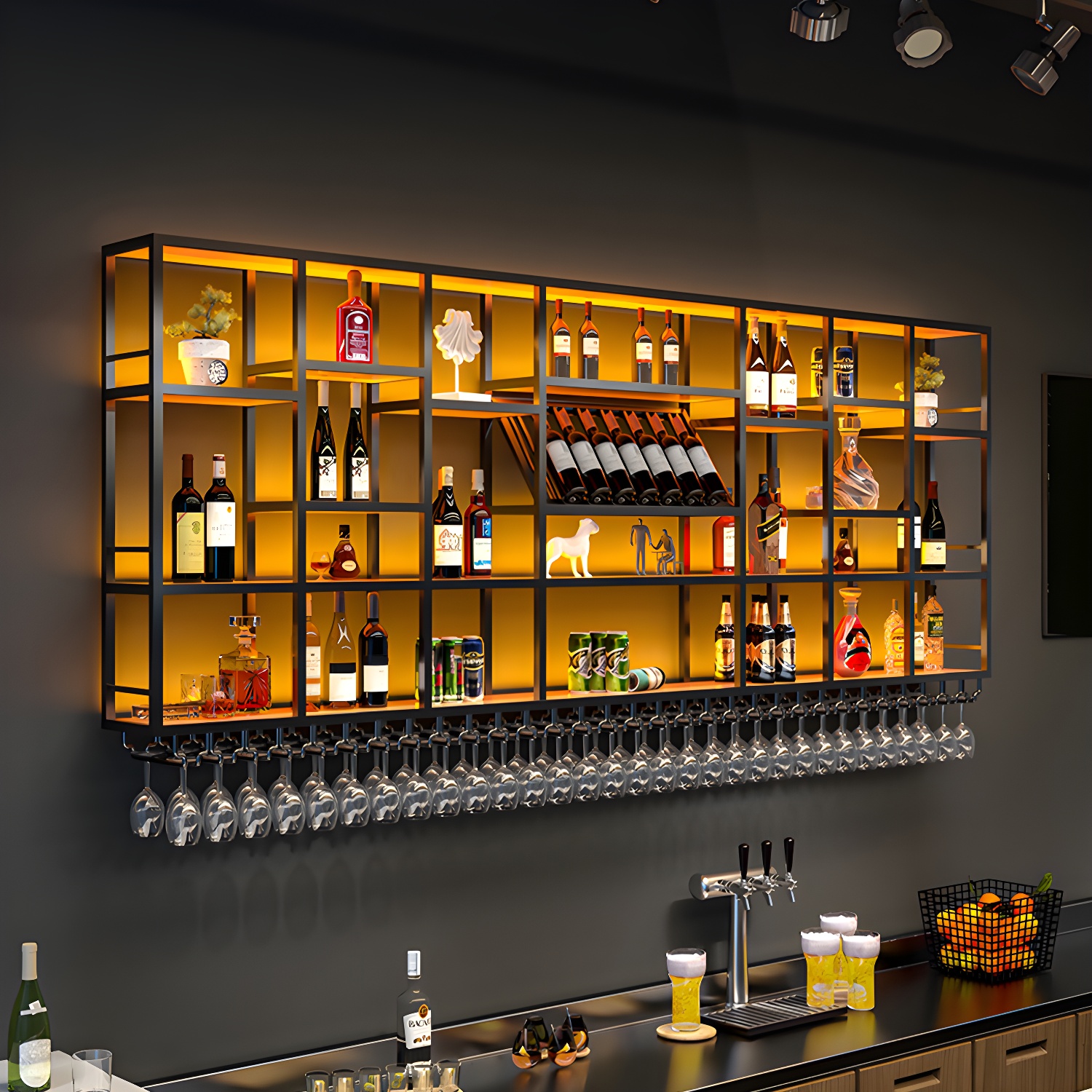 Metal Wine Rack Modern Style Wall Mounted Wine Holder Rack with Shelf