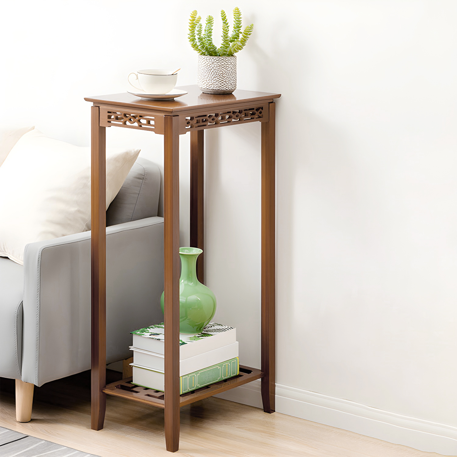 Contemporary 4 Legs Side Table Wood Side End Snack Table with Shelf