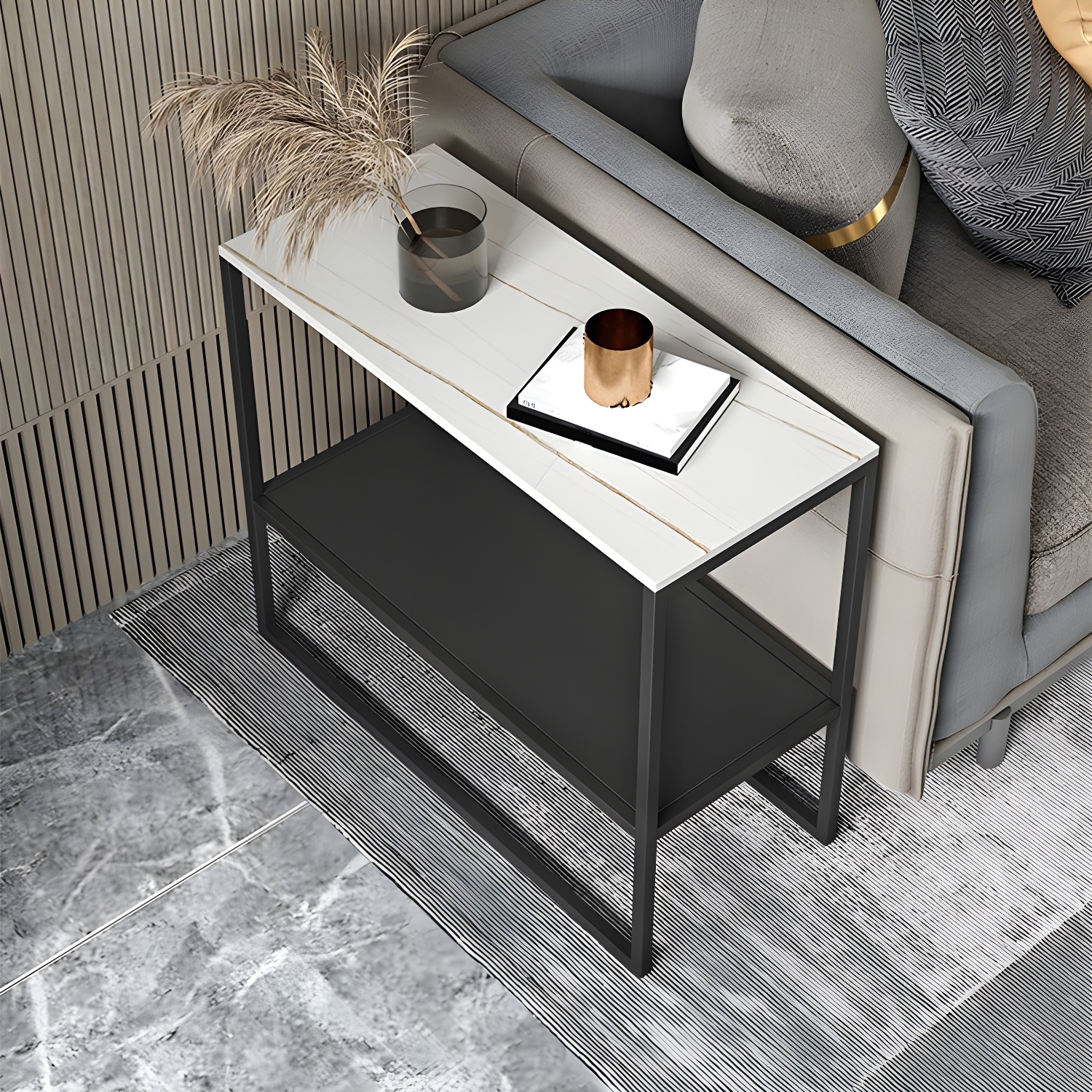 Modern Metal Frame End Table Rectangular Stone Top Side Table