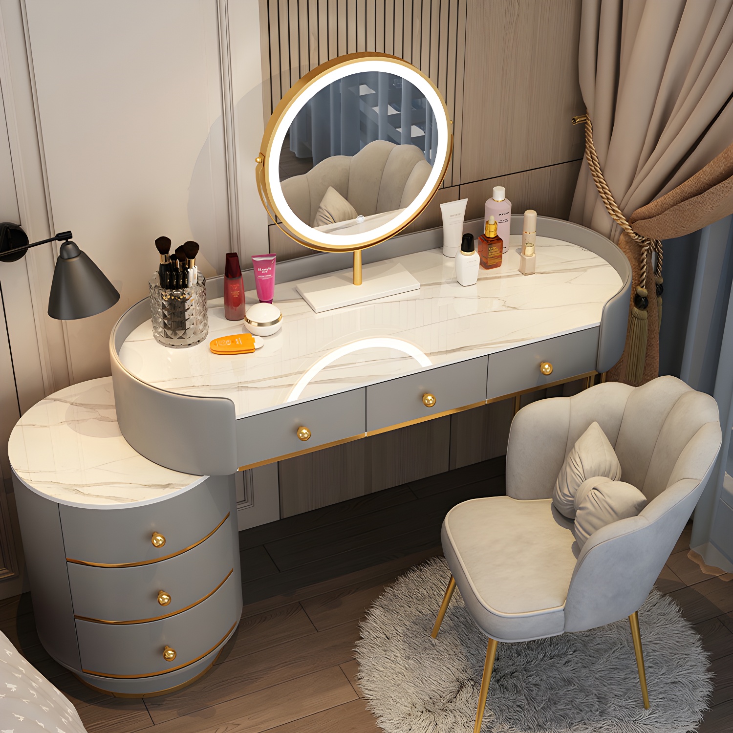 Modern Bedroom Metallic Lighted Mirror With Drawer Makeup Vanity Set