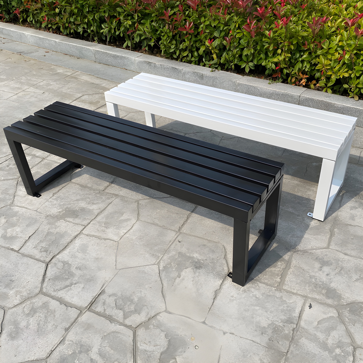 Industrial Matte Park Bench Metal Black/White Outdoor Bench without Back