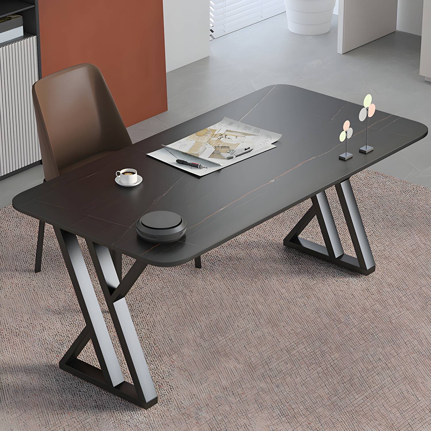 Contemporary Rectangle Writing Desk Antique Finish Computer Desk with Metal Legs