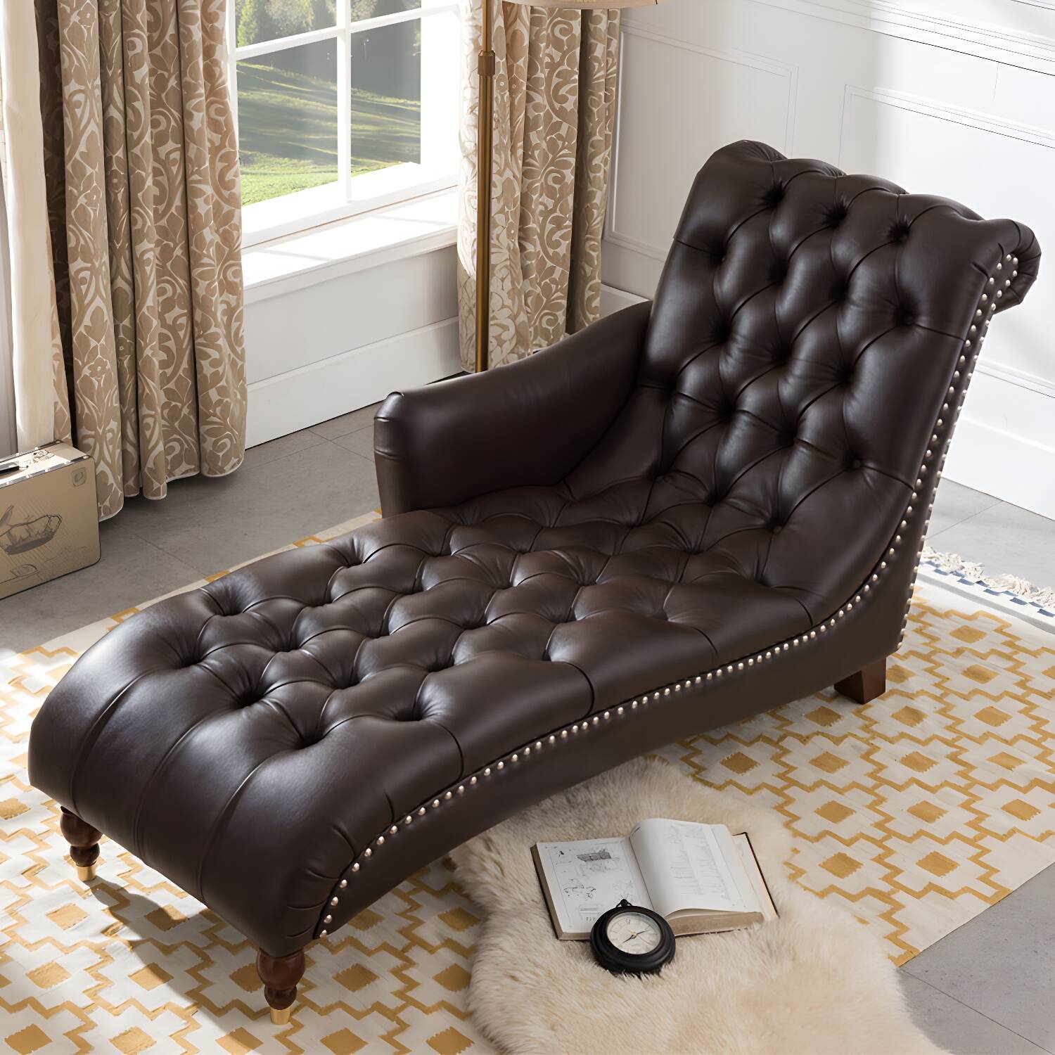 Glam Genuine Leather Chaise Lounge Indoor One Armed Floor Chair