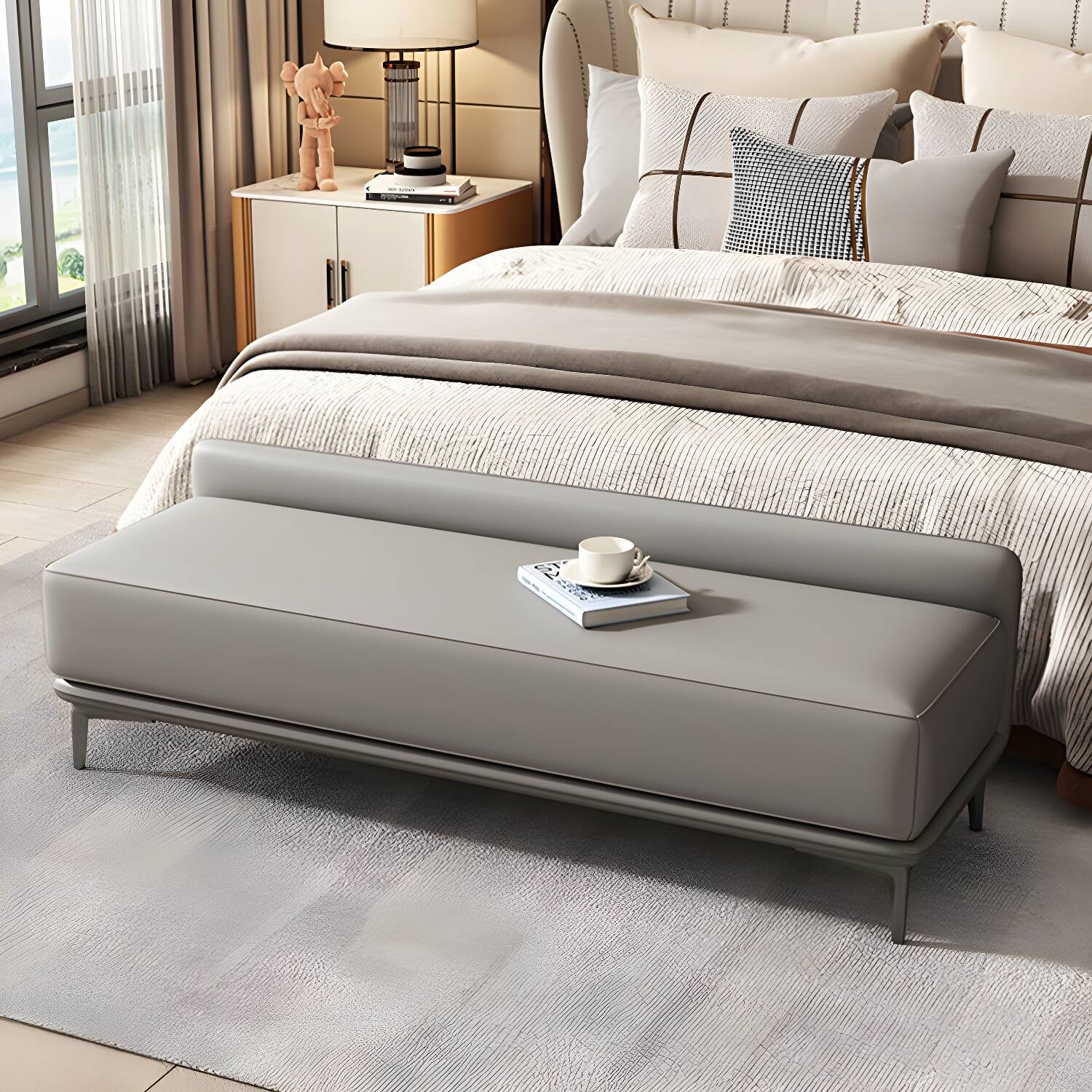 Modern Style Cushioned Seating Bench Rectangle Entryway and Bedroom Bench